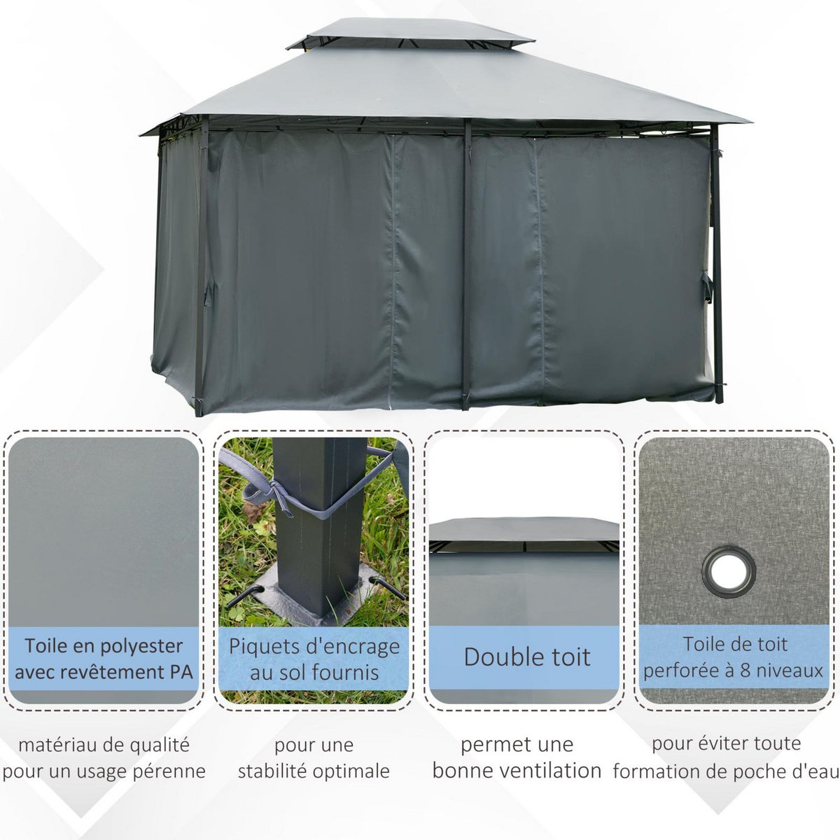 OUTSUNNY Tonnelle barnum pavillon de jardin style colonial double toit toiles latérales amovibles 3L x 4l x 2,65H m gris