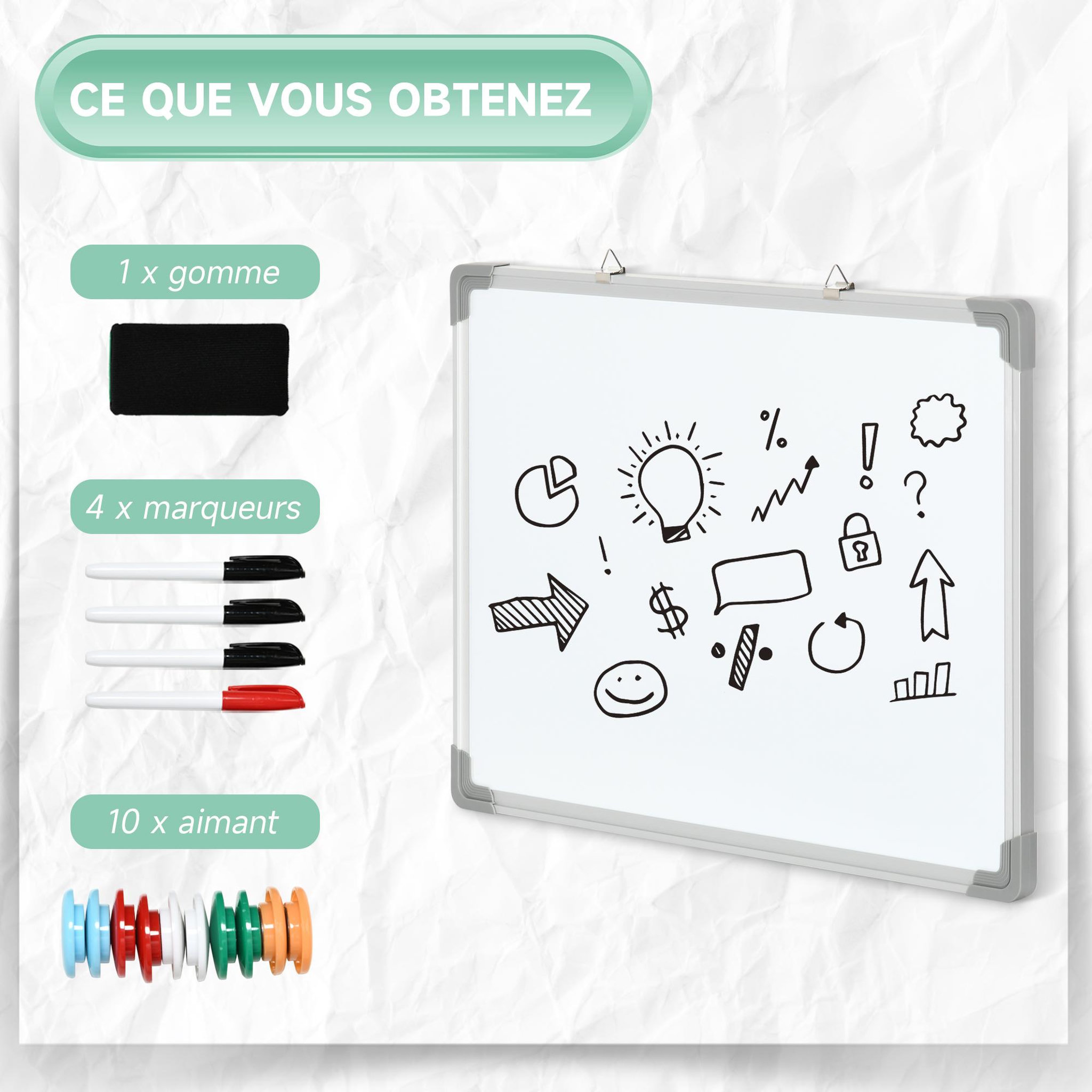 Voir la diapositive 5 : HOMCOM Tableau blanc aimanté magnétique dim. 60l x 45h cm nombreux accessoires inclus cadre aluminium