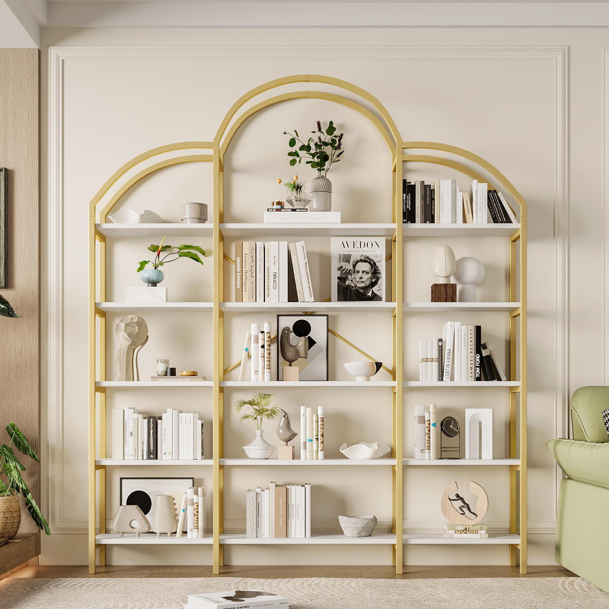 Voir la diapositive 2 : MERAX Bibliothèque blanc+doré 5 étagère(s) - 170x190 cm mdf et métal
