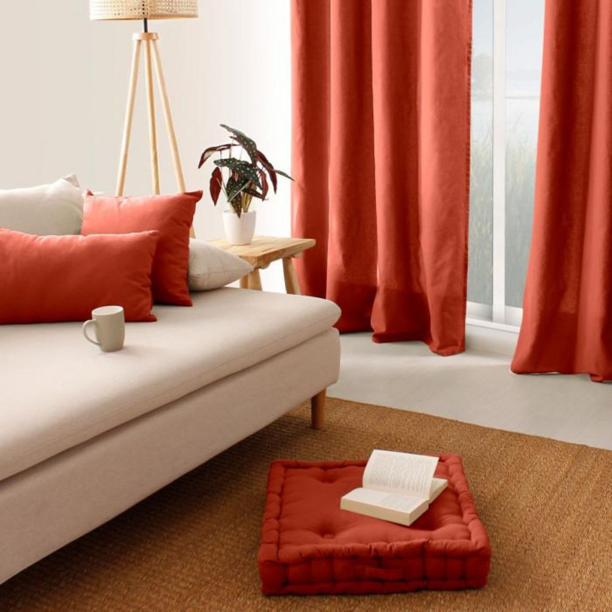 Paris Prix Coussin de Sol Uni  Panama  50x50cm Terracotta