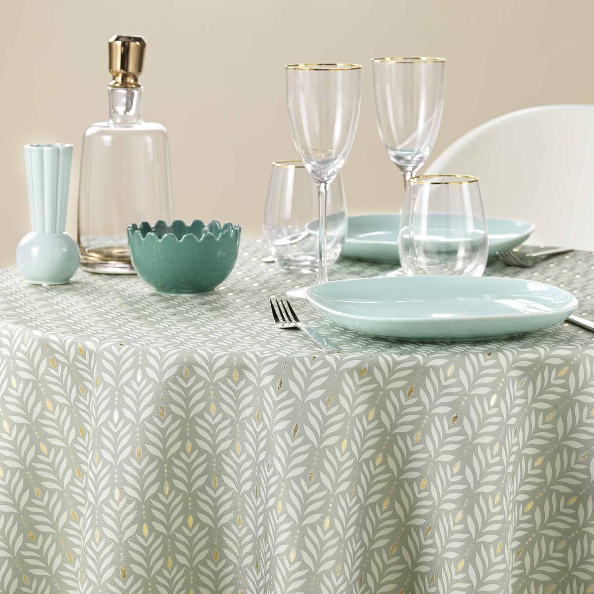 Voir la diapositive 4 : Douceur d'Intérieur Nappe ronde imprimé  piana  180cm sauge