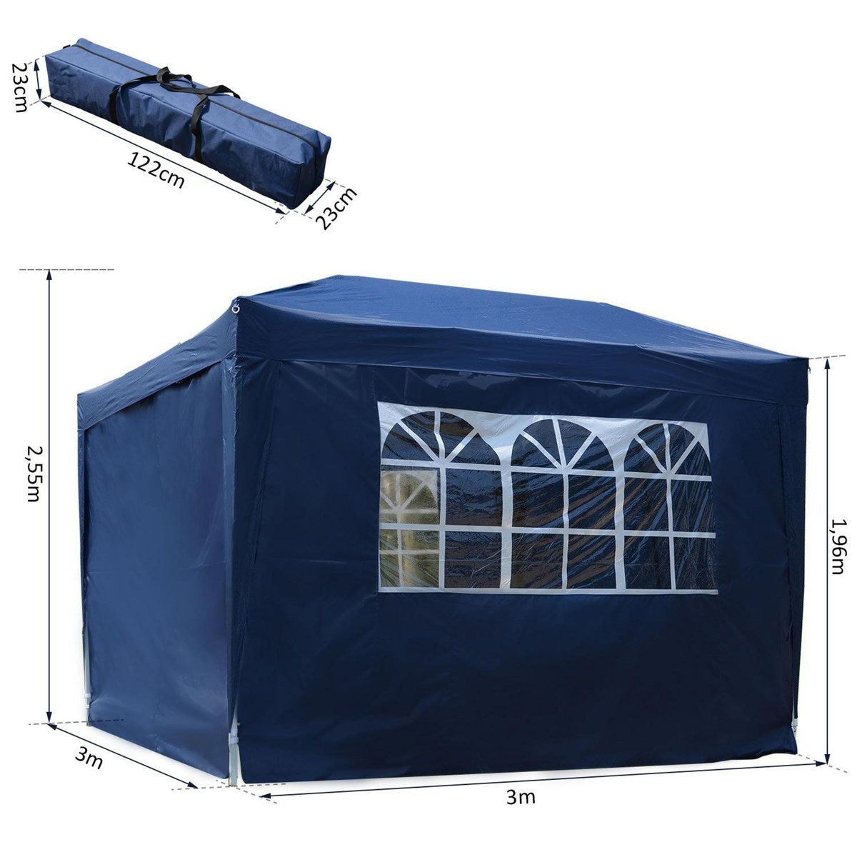 OUTSUNNY Tonnelle barnum tente de réception pliante 3 x 3 x 2,55 m avec fenêtres + sac de transport bleu