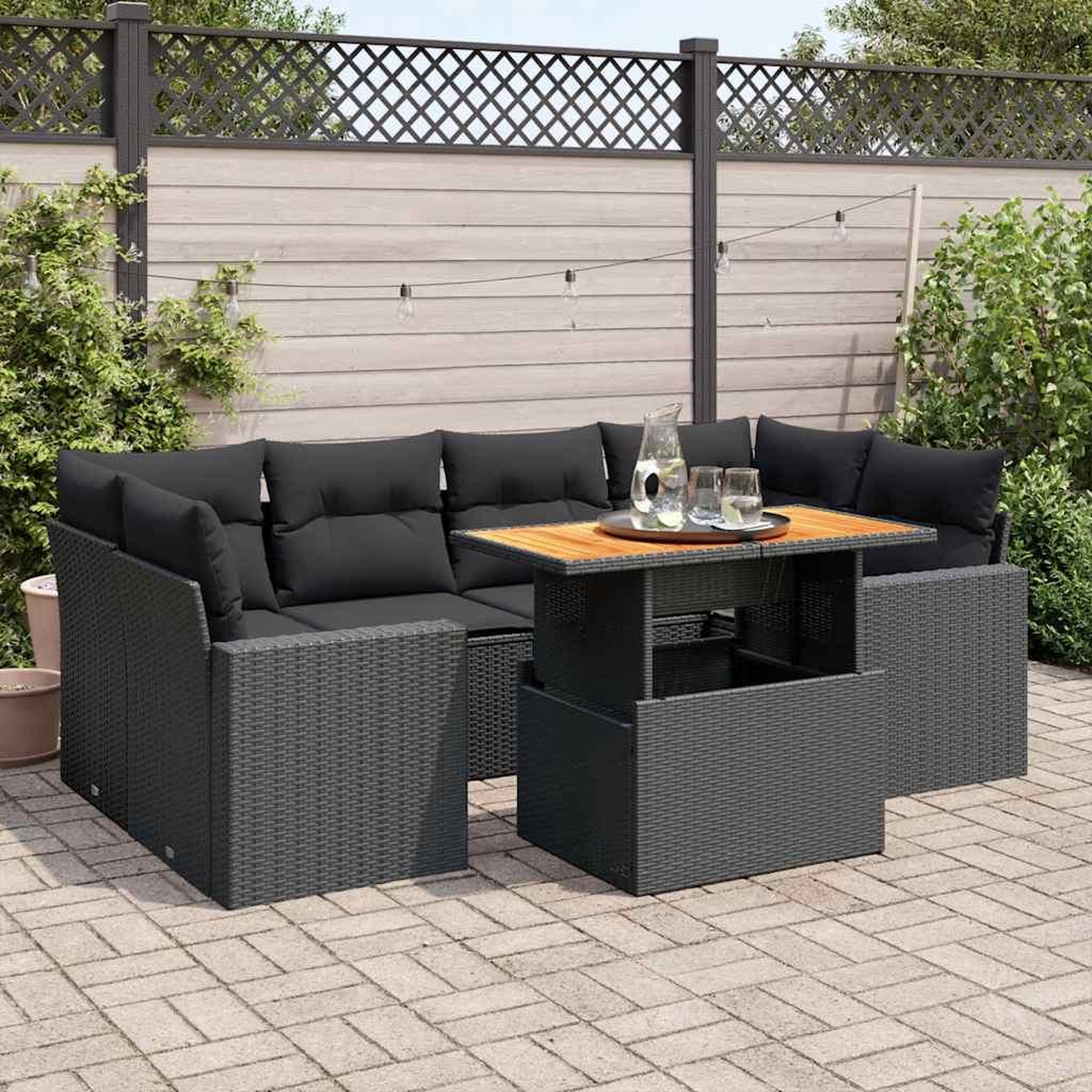 VIDAXL Salon de jardin 7 pcs avec coussins noir resine tressee