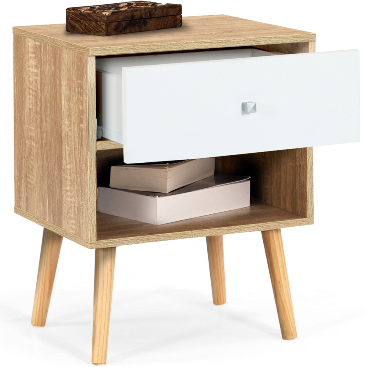 ID MARKET Lot de 2 tables de chevet EMMIE scandinaves 1 tiroir avec niche hêtre et blanc