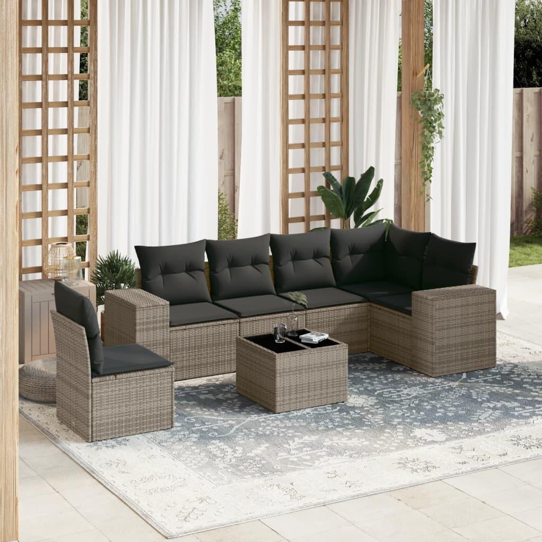 VIDAXL Salon de jardin avec coussins 7 pcs gris resine tressee