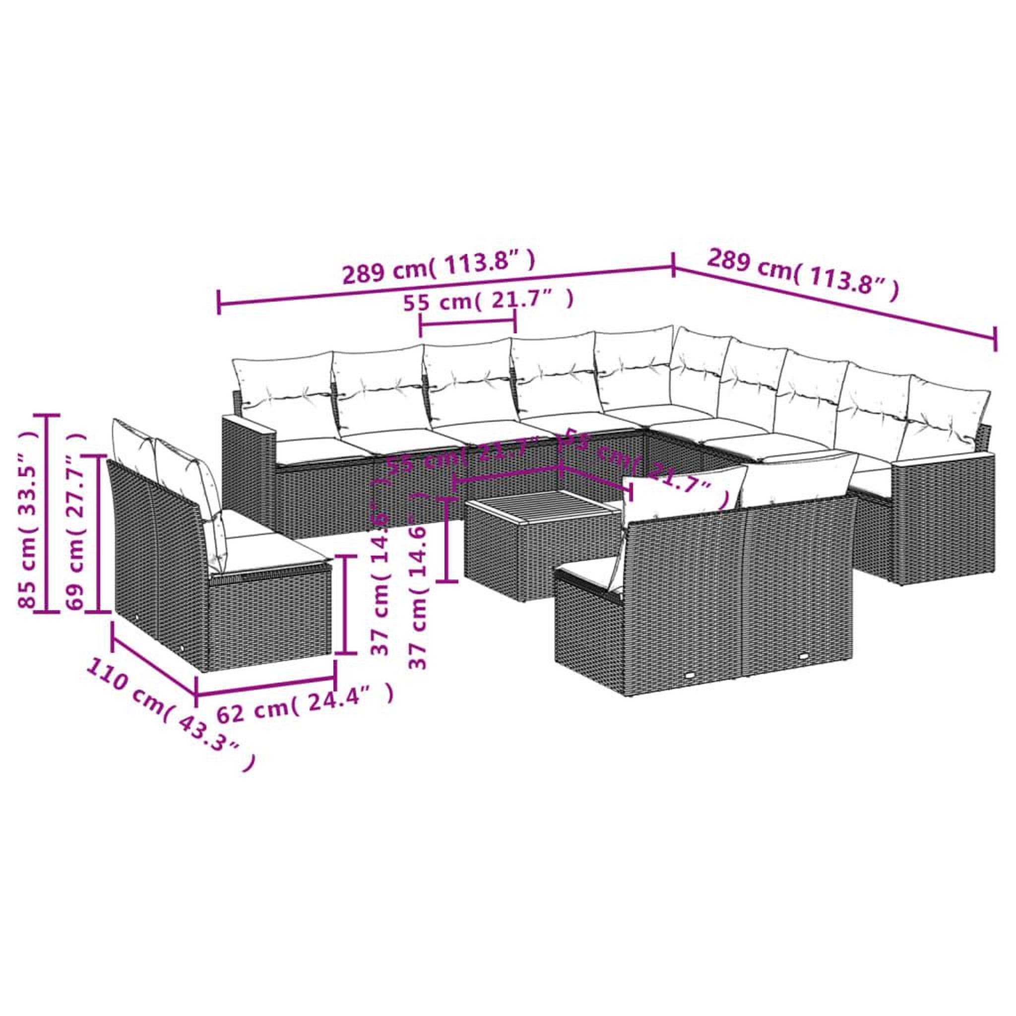 Voir la diapositive 3 : VIDAXL Salon de jardin avec coussins 14 pcs noir resine tressee