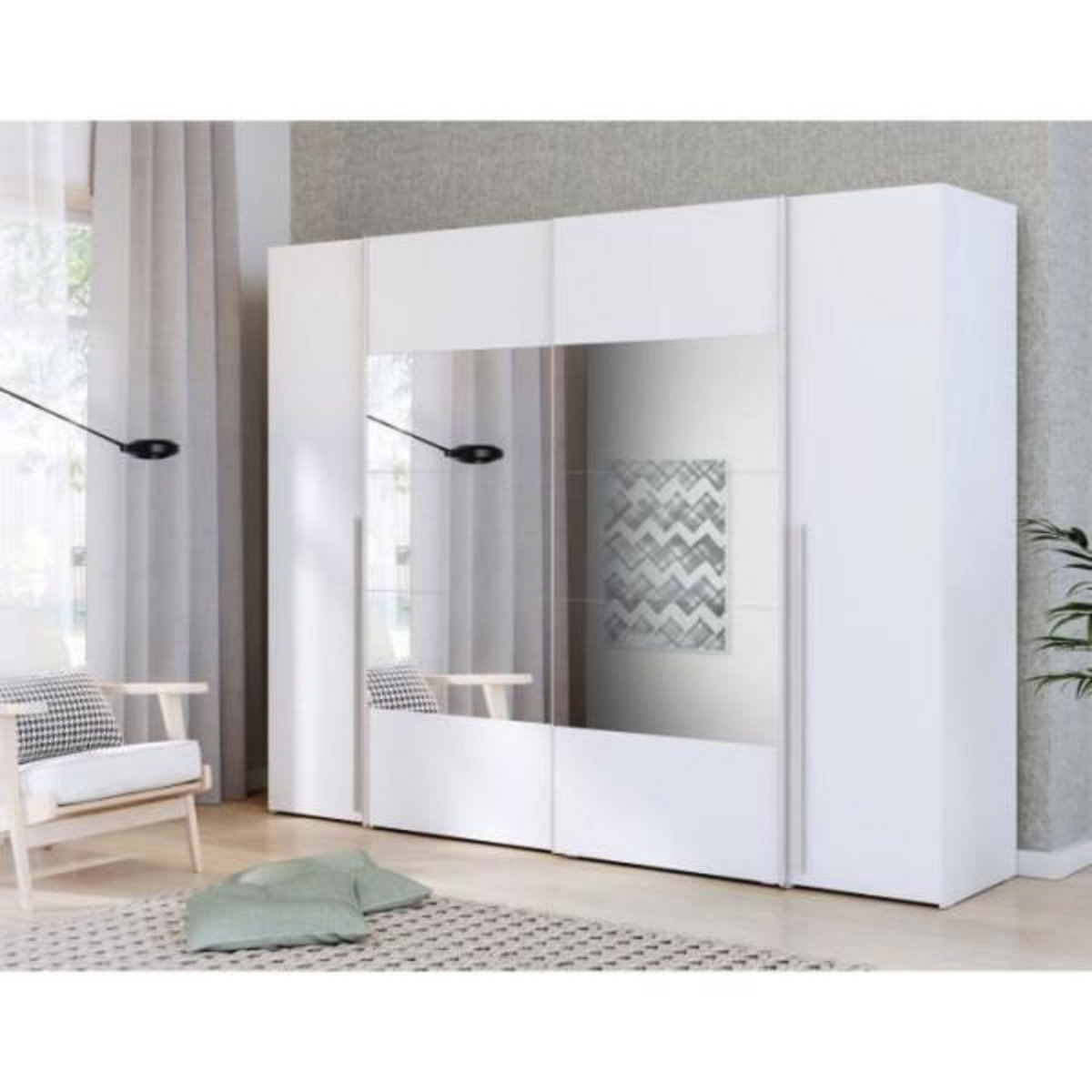 MARKET24 Armoire NARAGO - Décor Blanc mat - 2 portes coulissantes + miroir + 2 portes battantes + 2 penderies - L270 x P61 x H210 cm