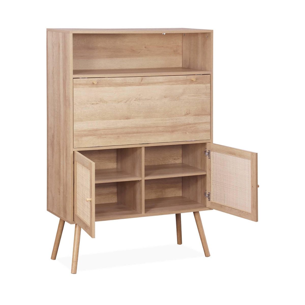 SWEEEK Bureau secrétaire. 2 portes en cannage. étagères. effet bois. pieds en bois de sapin