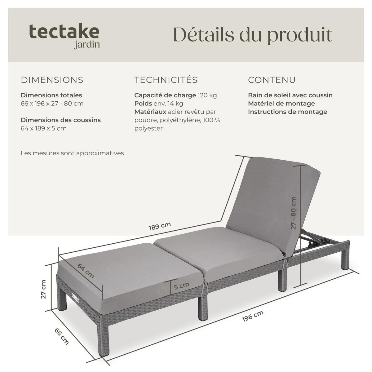 tectake Bain de soleil en rotin robuste gris