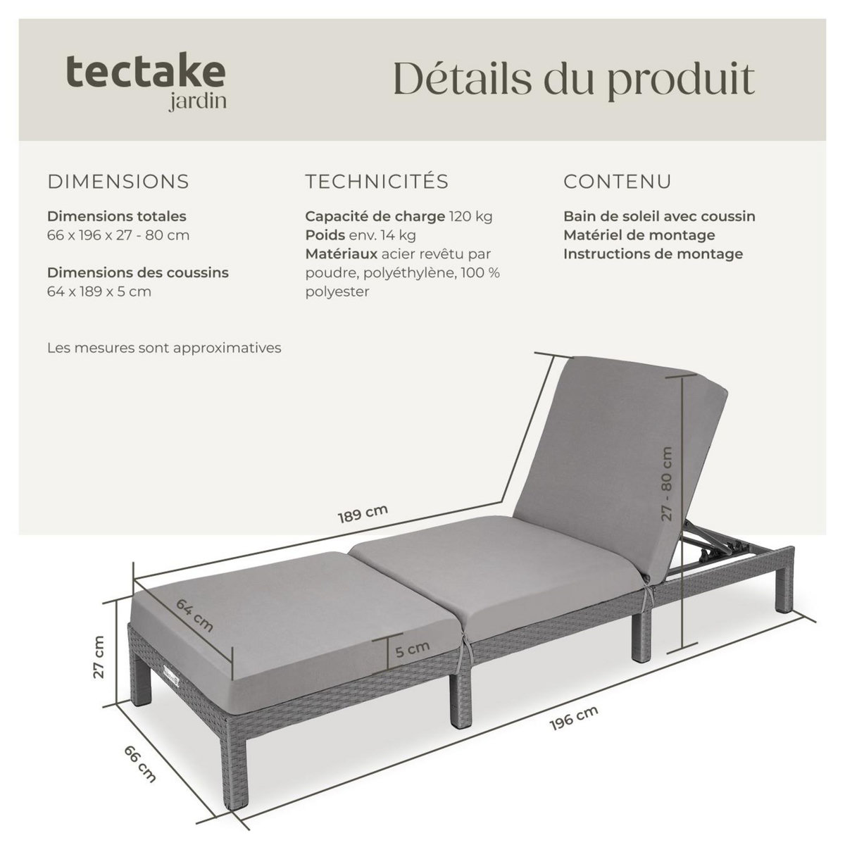 tectake Bain de soleil en rotin robuste gris