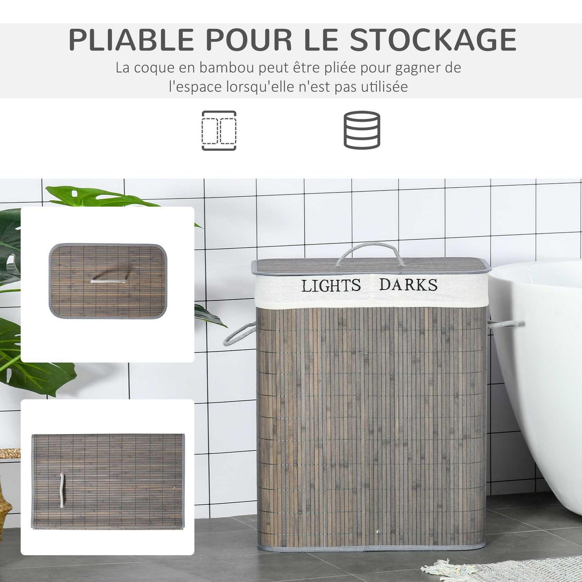 HOMCOM Panier à linge corbeille à linge 2 bacs bambou pliable couvercle poignée sac amovible en toile gris
