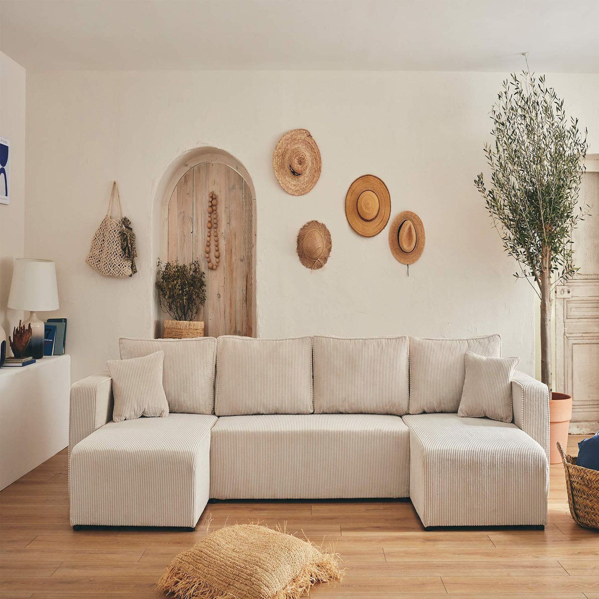 BEST MOBILIER Topaze - canapé panoramique en u - 7 places - convertible avec coffre - en velours côtelé