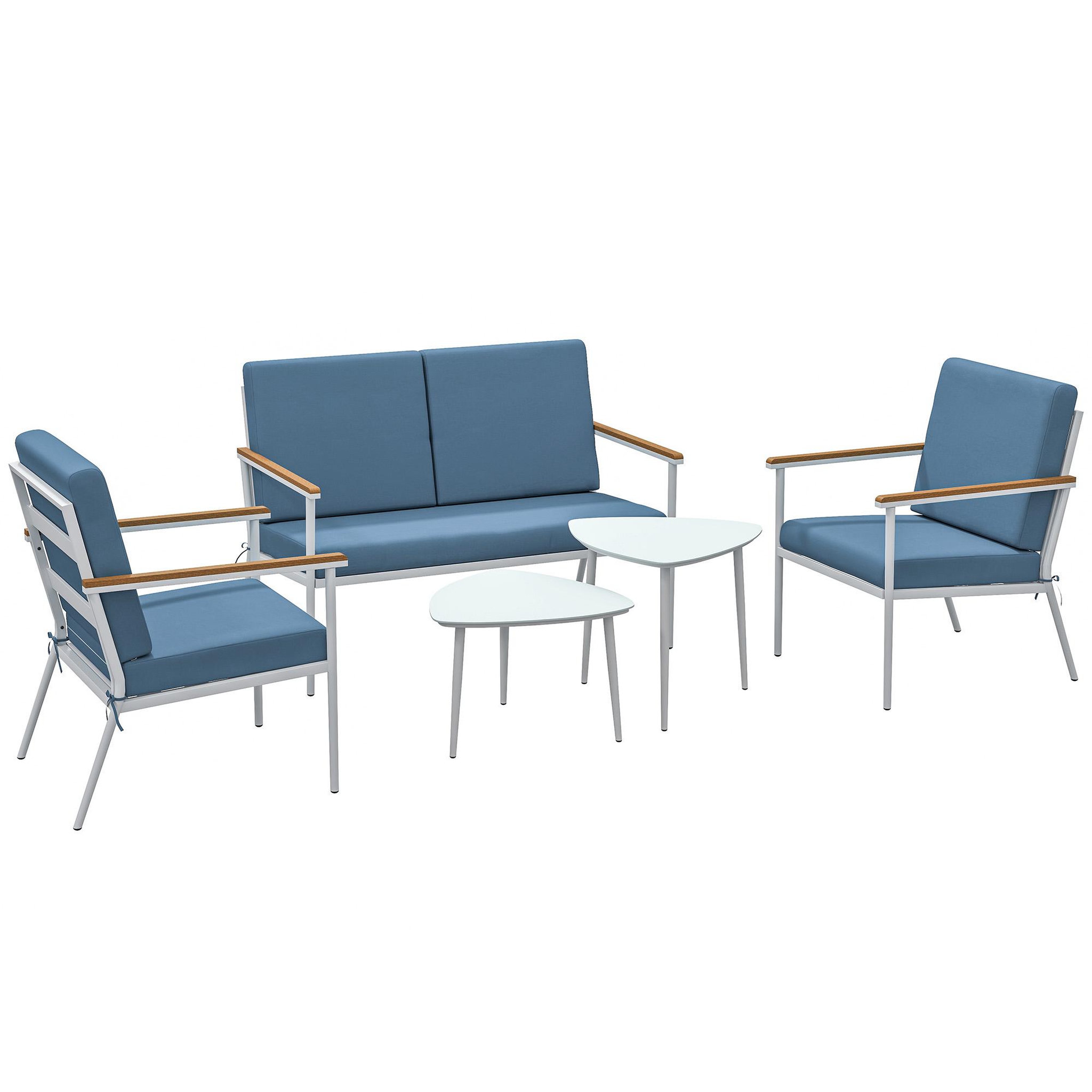 Voir la diapositive 1 : OUTSUNNY Salon de jardin 4 personnes 5 pièces 2 tables basses gigognes acier blanc accoudoirs effet bois coussins bleu