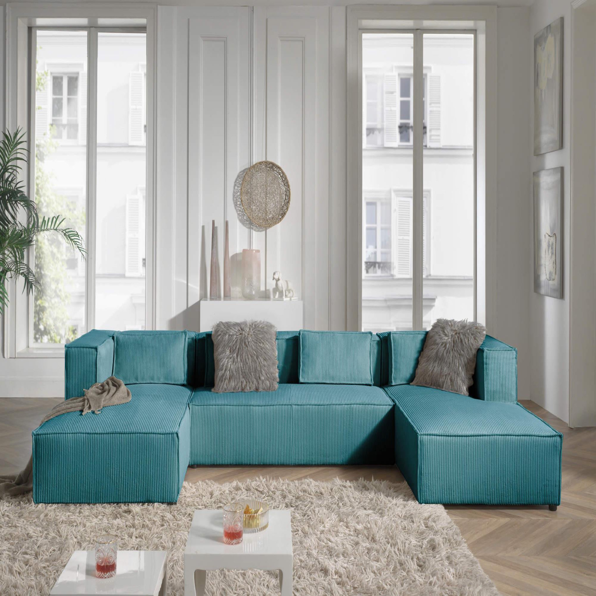 Voir la diapositive 2 : BEST MOBILIER Stella - canapé panoramique en u - 7 places - en velours côtelé