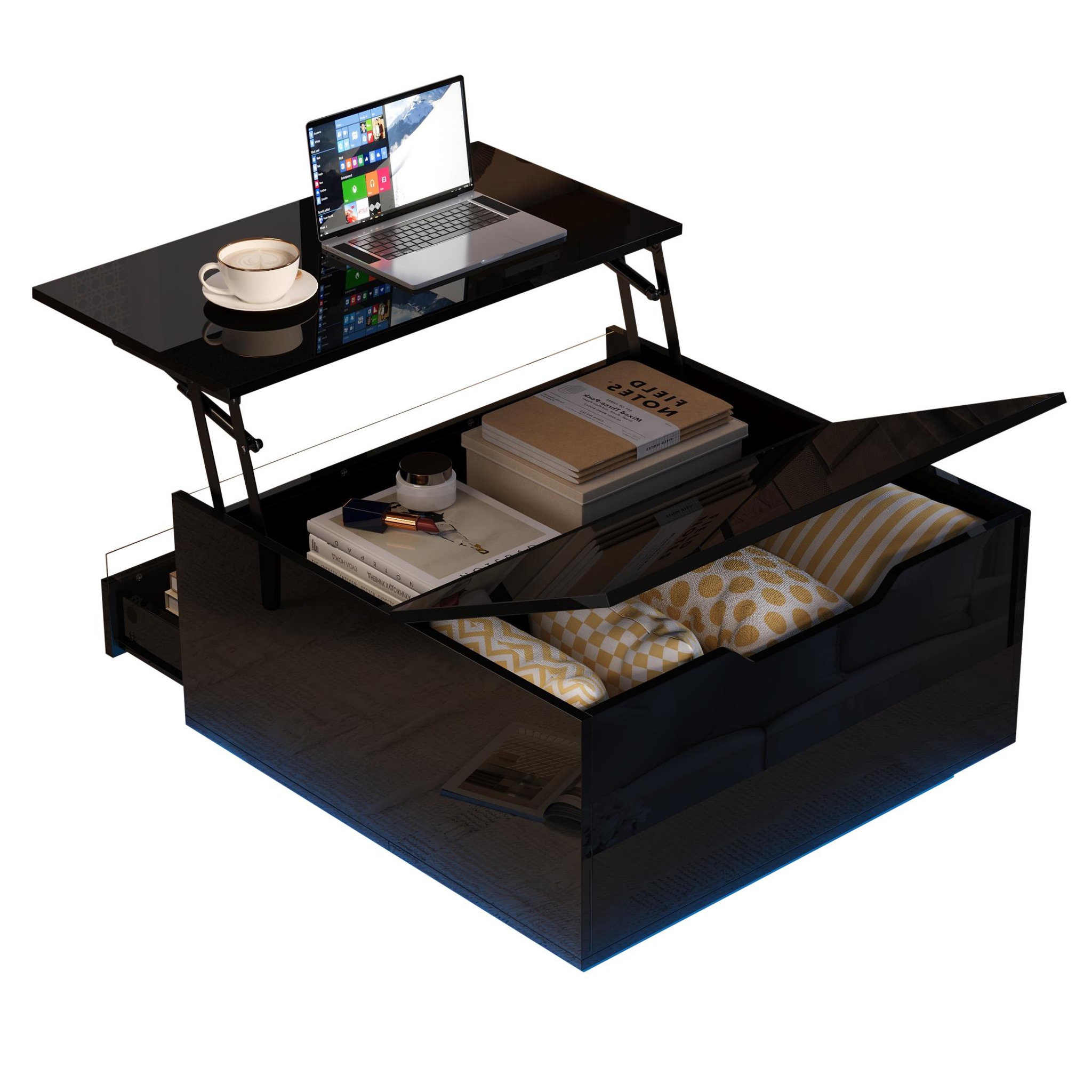MERAX Table basse relevable carrée noir - 70x70 cm led panneau de particules