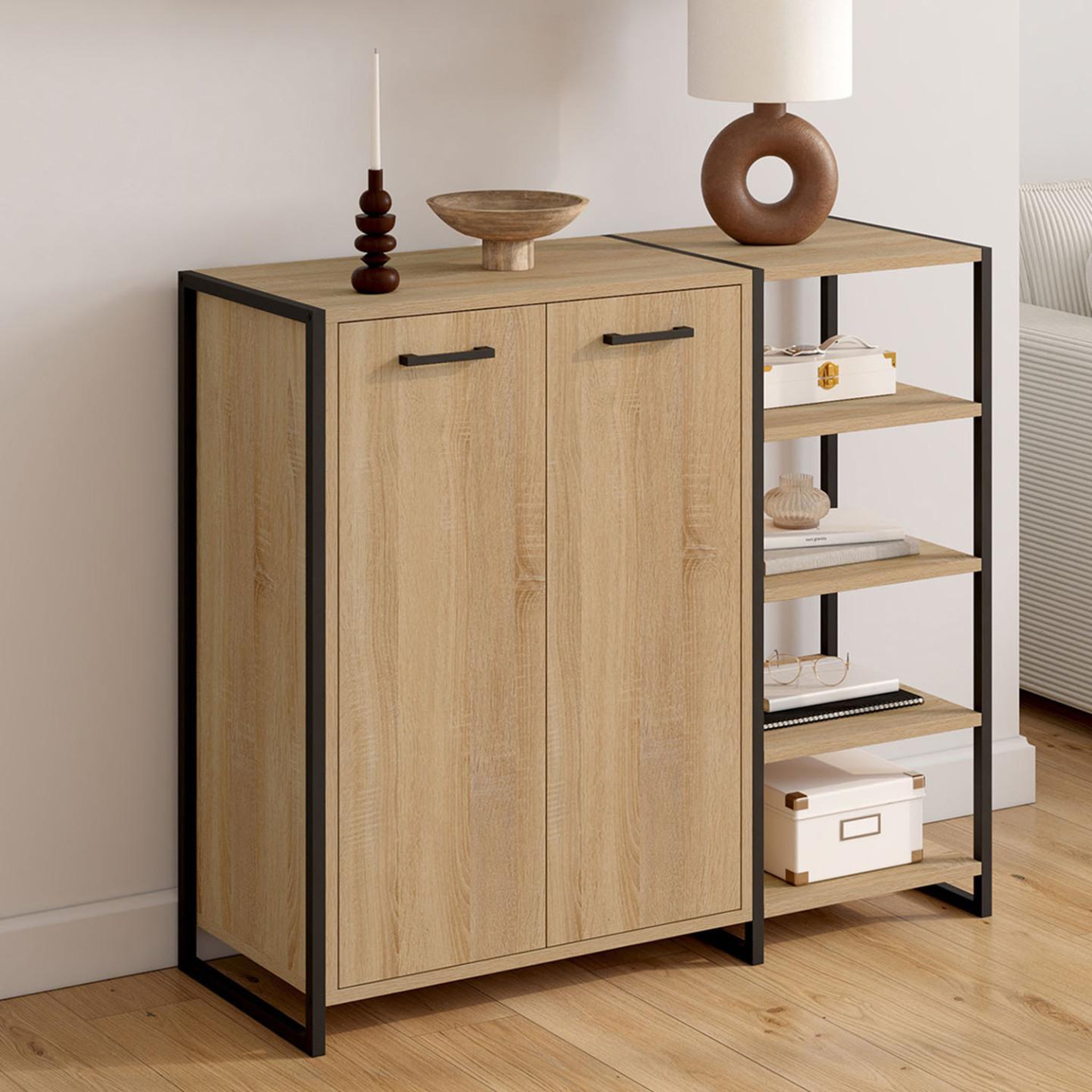 Voir la diapositive 4 : ID MARKET Armoire à chaussures 12 paires LUIS 2 portes avec étagère design industriel