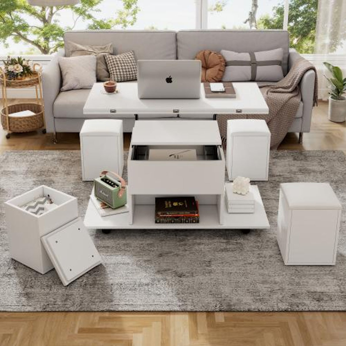 MERAX Table basse relevable rectangulaire en panneaux de particules avec 4 chaises et rangement,blanc