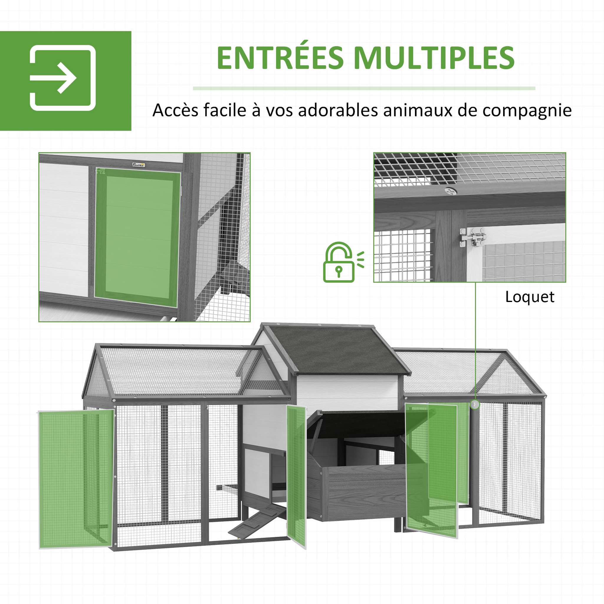 Voir la diapositive 5 : PAWHUT Poulailler en bois 2 enclos modulables niche pondoir gris
