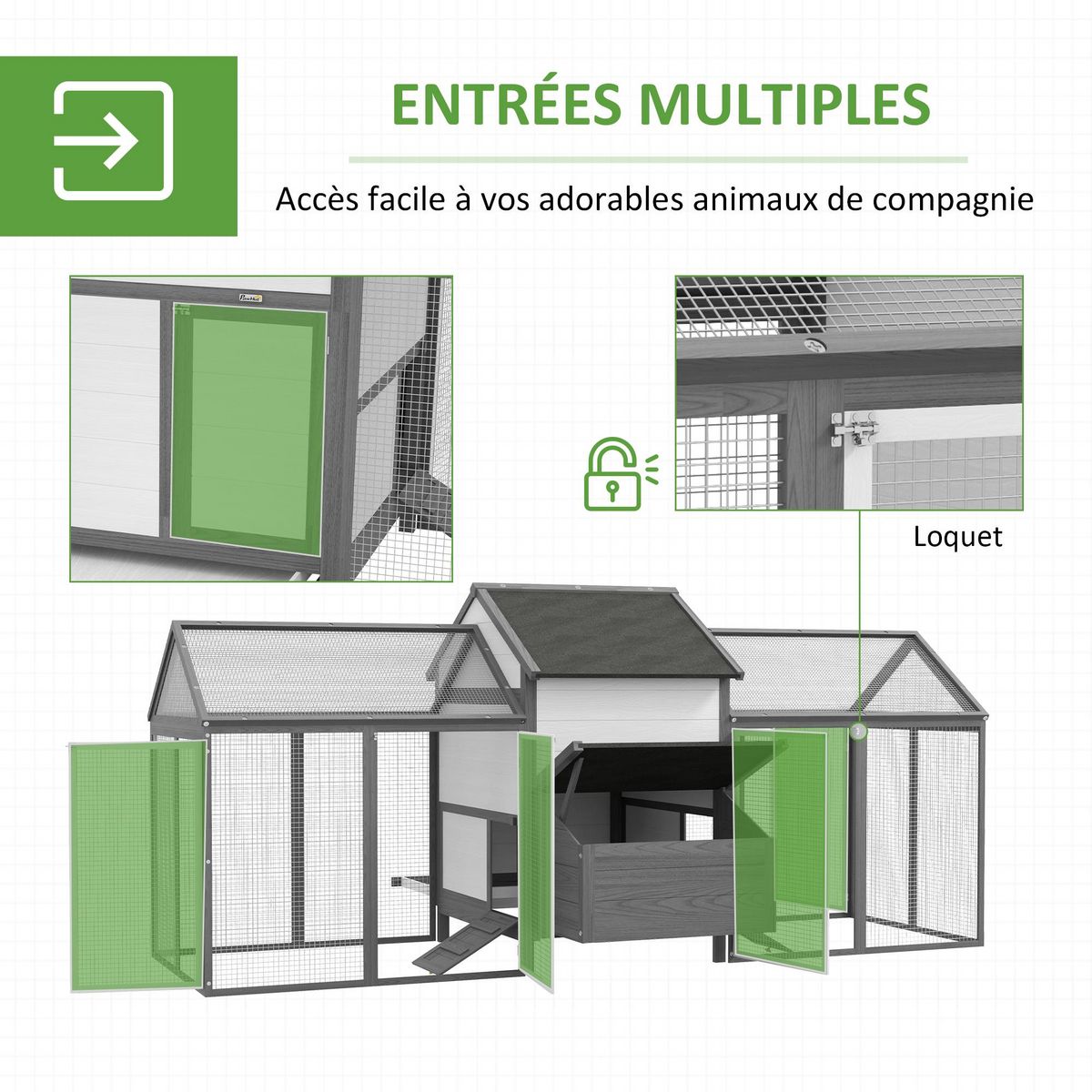 PAWHUT Poulailler en bois 2 enclos modulables niche pondoir gris