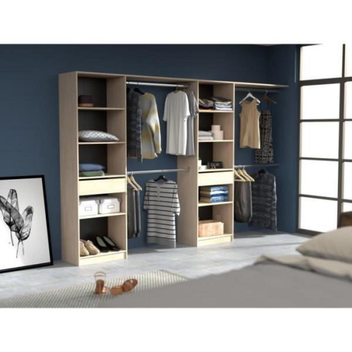 EKIPA EKIPA Dressing extensible - 2 colonnes avec 2 tiroirs et 10 étageres + 4 penderies - Décor chene - L 320 x P 40 x H 200 cm - D