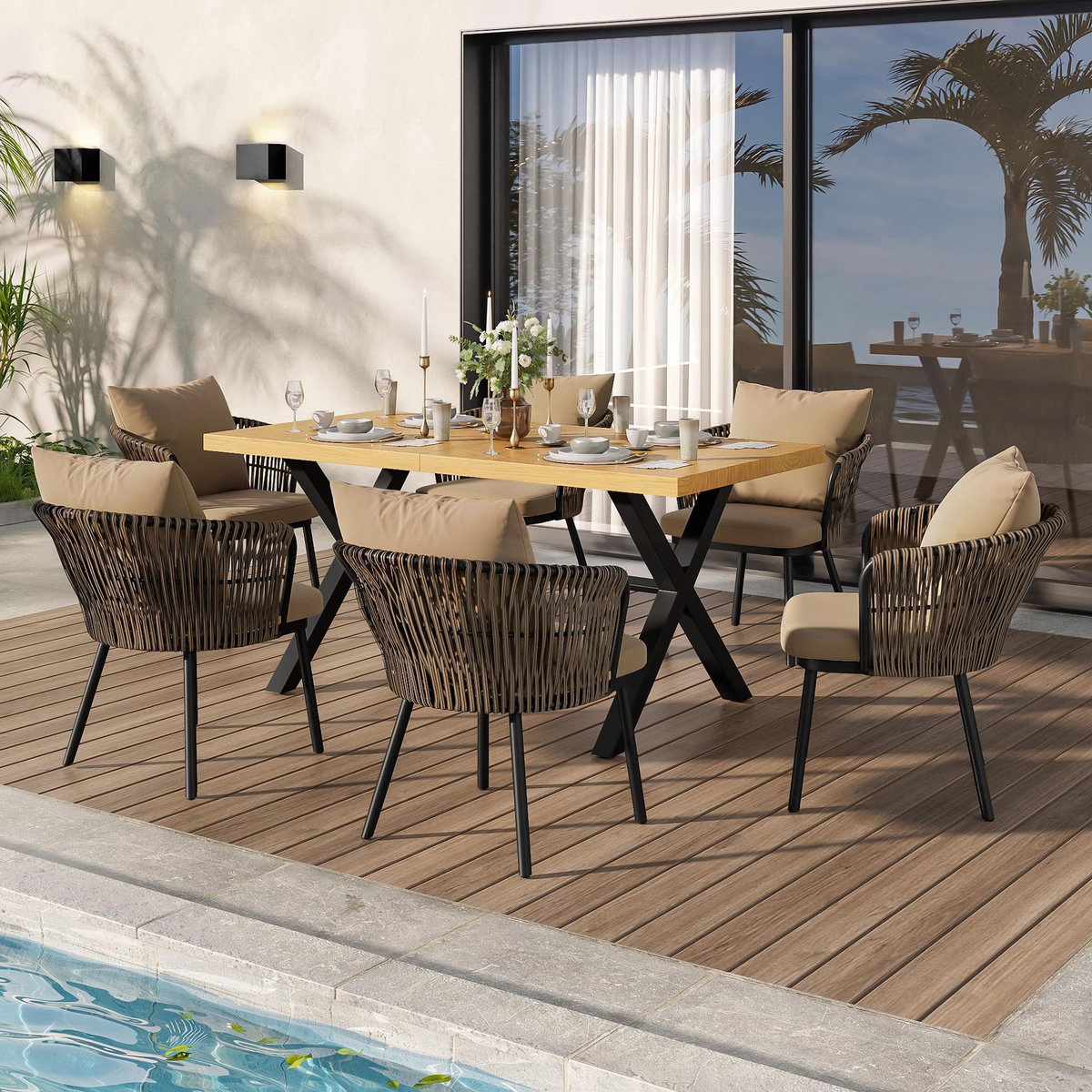 MERAX Salon de jardin 6 places avec table et chaises en rotin, bois noir