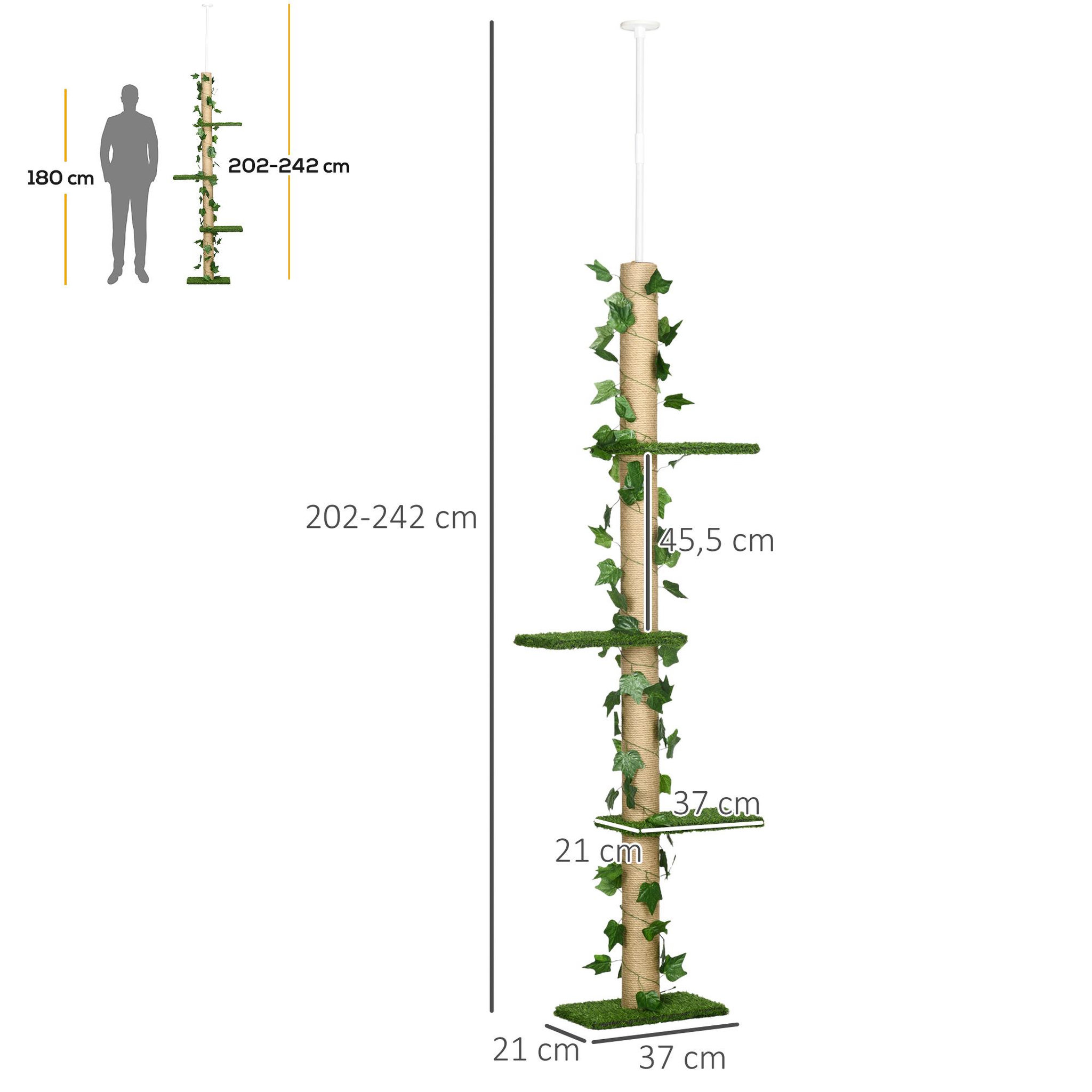 Voir la diapositive 3 : PAWHUT Arbre à chat poteau à griffer design hauteur réglable dim. 37l x 21l x 202- 242h cm 4 niveaux beige vert