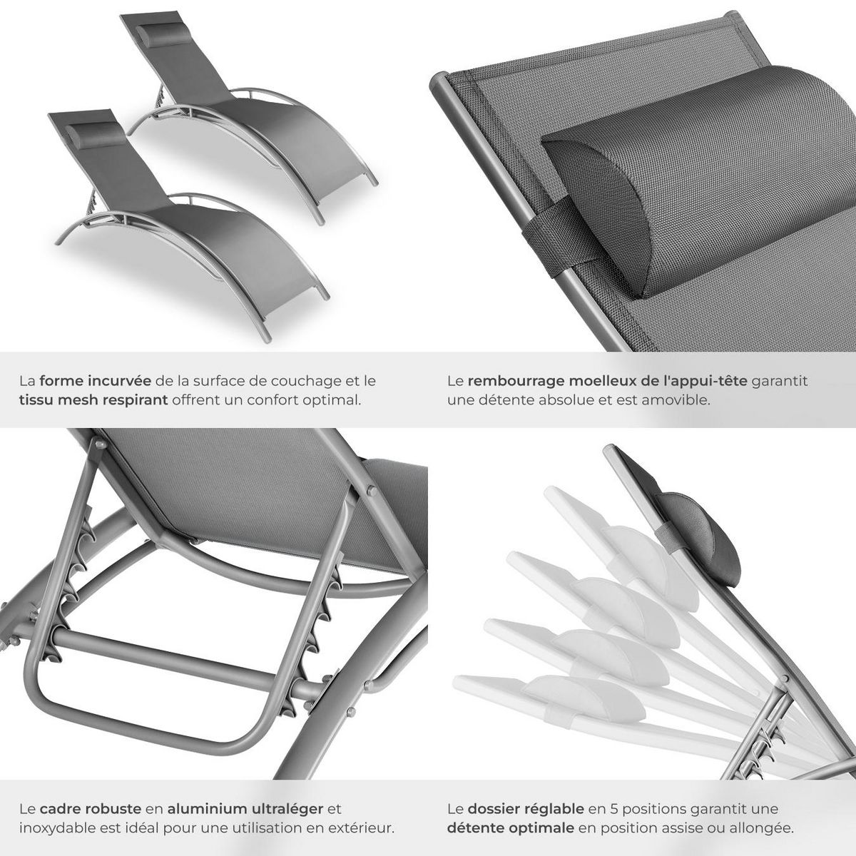 tectake Lot de 2 transats de jardin en acier avec assise en textilène gris