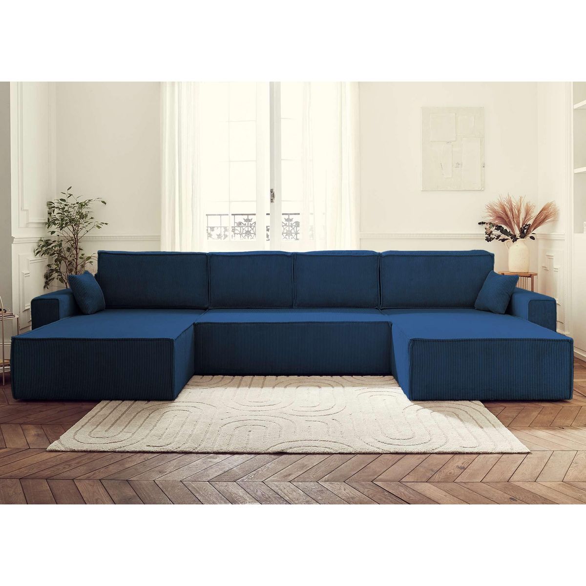 BEST MOBILIER Dellia - canapé panoramique en u - 7 places - convertible - avec coffre - en velours côtelé