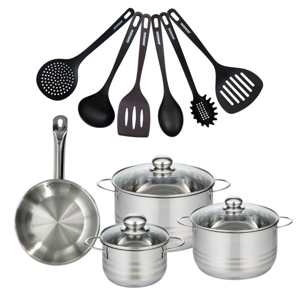 Fackelmann Set 1 poêle 20 cm en inox, 3 faitouts inox 16, 20 et 24 cm et 6 ustensiles RPET Fackelmann Eterna