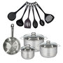 Voir la diapositive 1 : Fackelmann Set 1 poêle 20 cm en inox, 3 faitouts inox 16, 20 et 24 cm et 6 ustensiles RPET Fackelmann Eterna