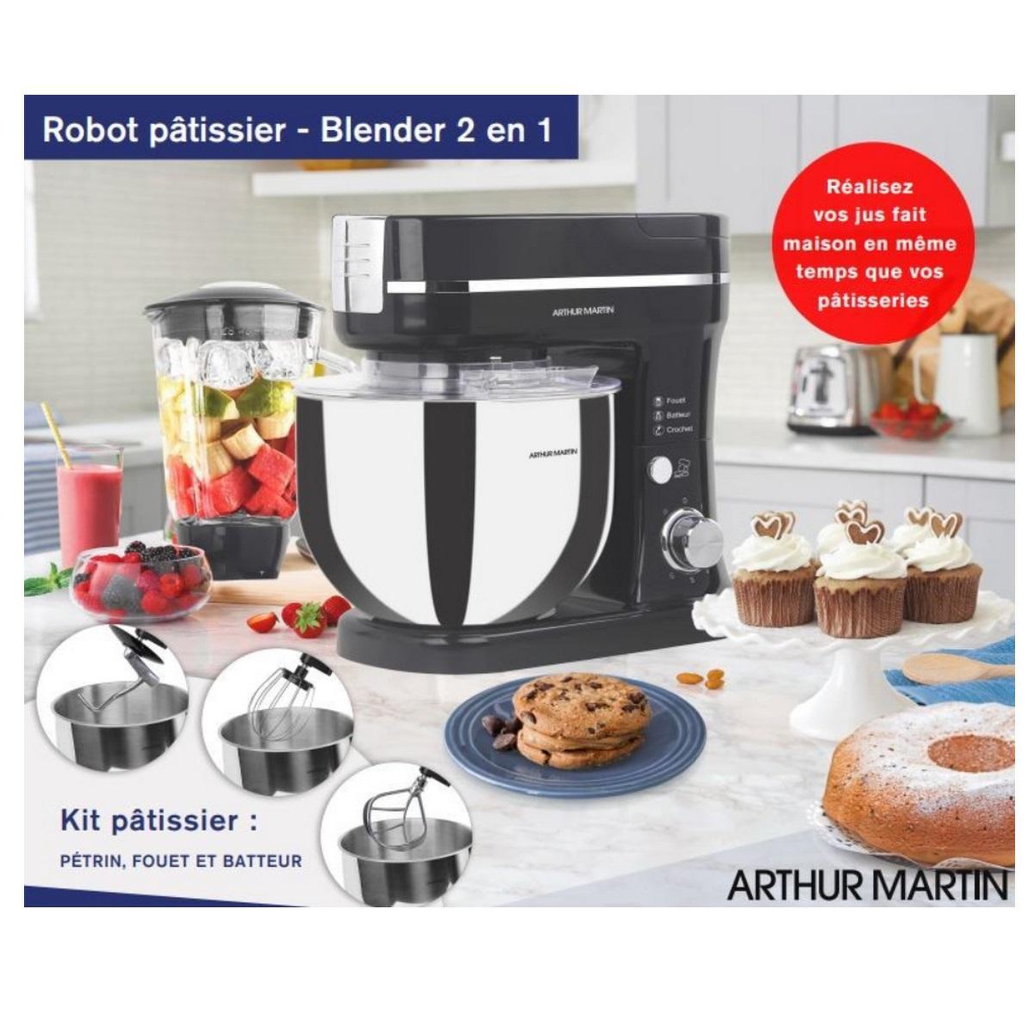 Voir la diapositive 5 : Arthur Martin Robot pâtissier 5l 1200w noir - amprp12