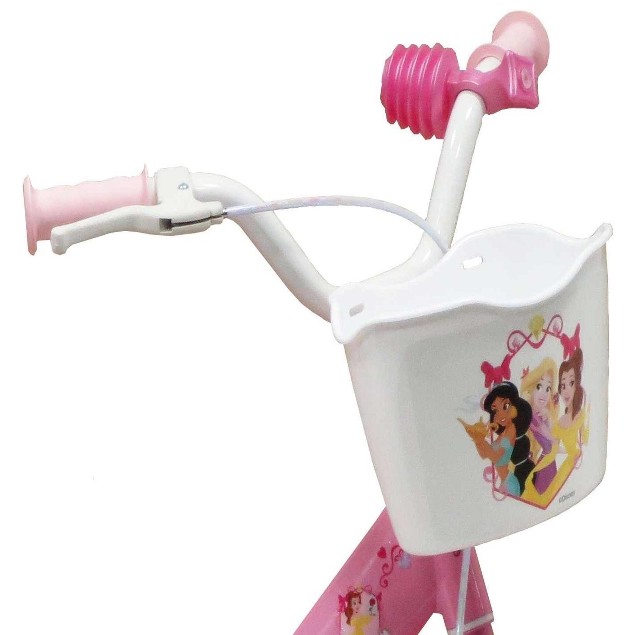 Voir la diapositive 3 : Disney Princesse Vélo enfant - Moidèle 12'' Princesse de Disney pour enfant de 85/100 cm avec stabilisateurs - 1 Frein - Panier avant - Porte poupée arrière et roues bâtons