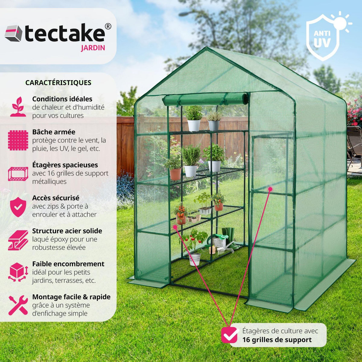 tectake Serre de jardin souple 3,6 m³ avec 16 étagères vert