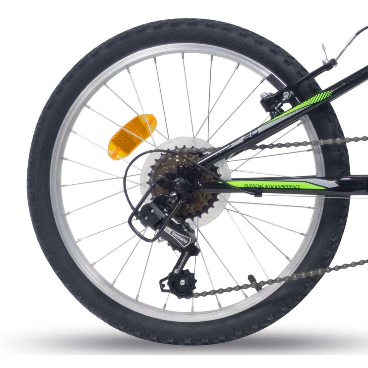 Vélo enfant (120/140 cm - VTT 20''  cadre rigide en acier - fourche télescopique - 6 vitesses avec dérailleur Shimano TY21, poignée tournante & Freins V-Brake