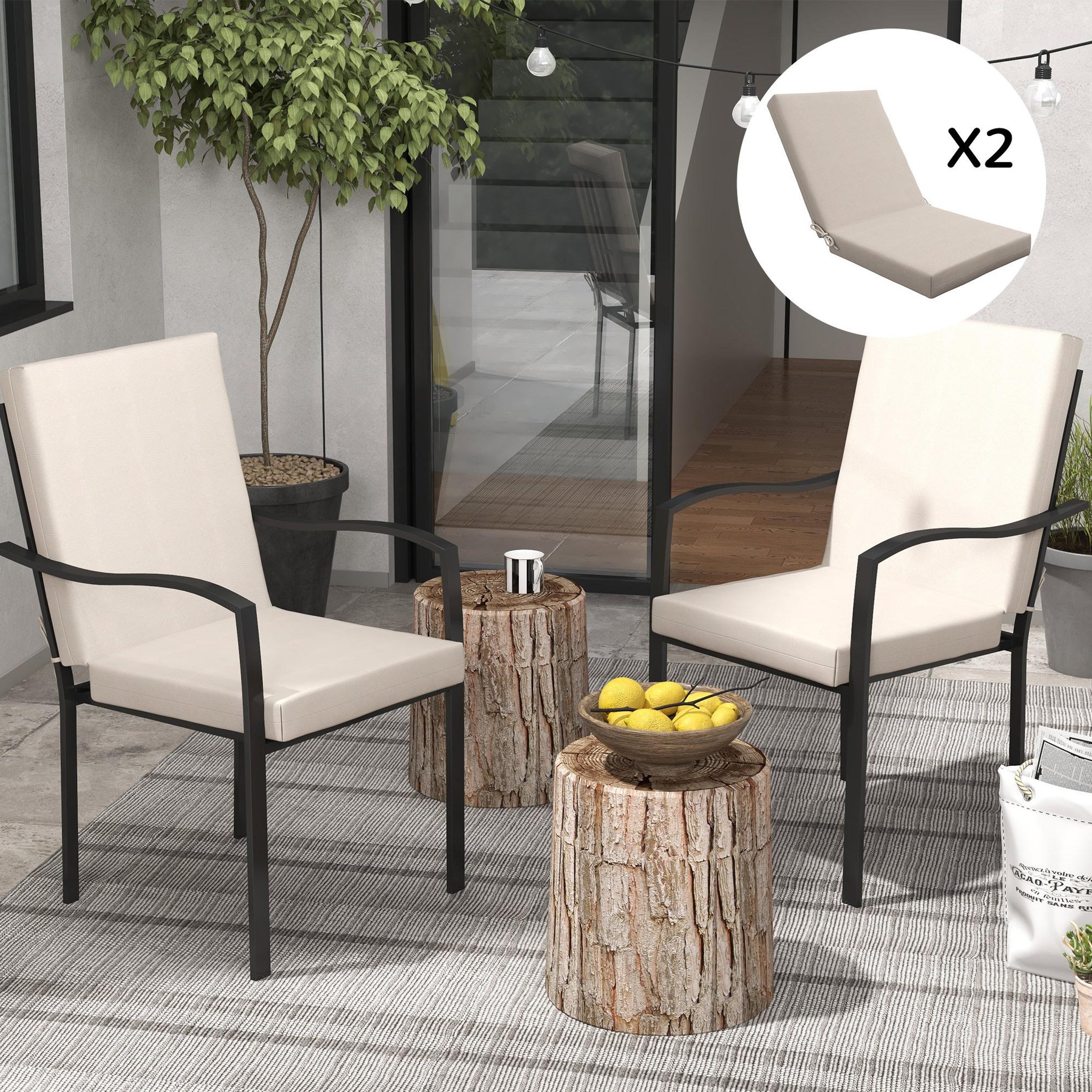 Voir la diapositive 2 : OUTSUNNY Lot de 2 coussins galettes de chaise de jardin - dim. 112L x 51l x ép. 8 cm - cordons attache - polyester déperlant beige