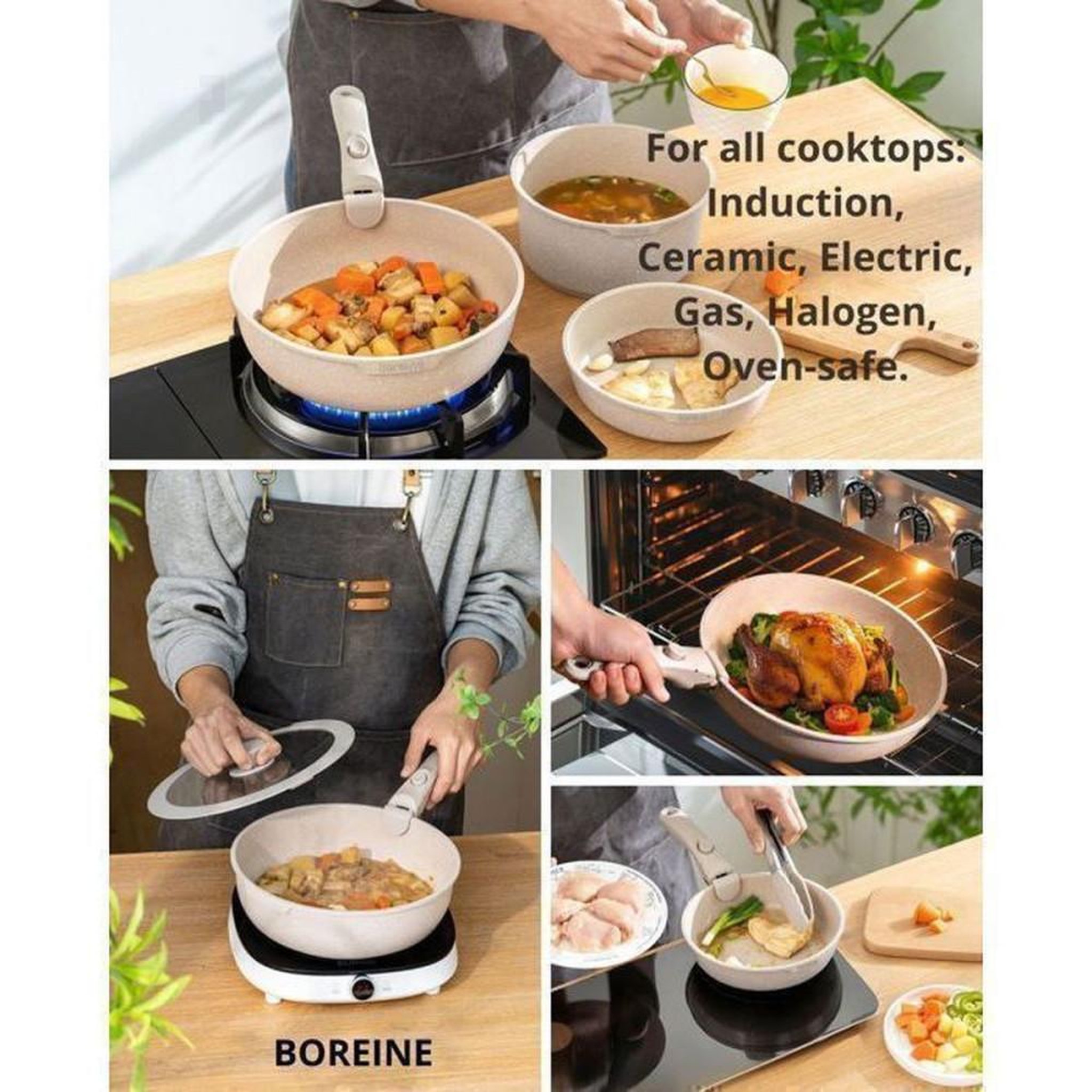 Voir la diapositive 4 : Coffret batterie de cuisine antiadhésive 14 pièces BOREINE en aluminium moulé brun, poignées amovibles, couvercles silicone, induction et gaz, allant au four 250°C