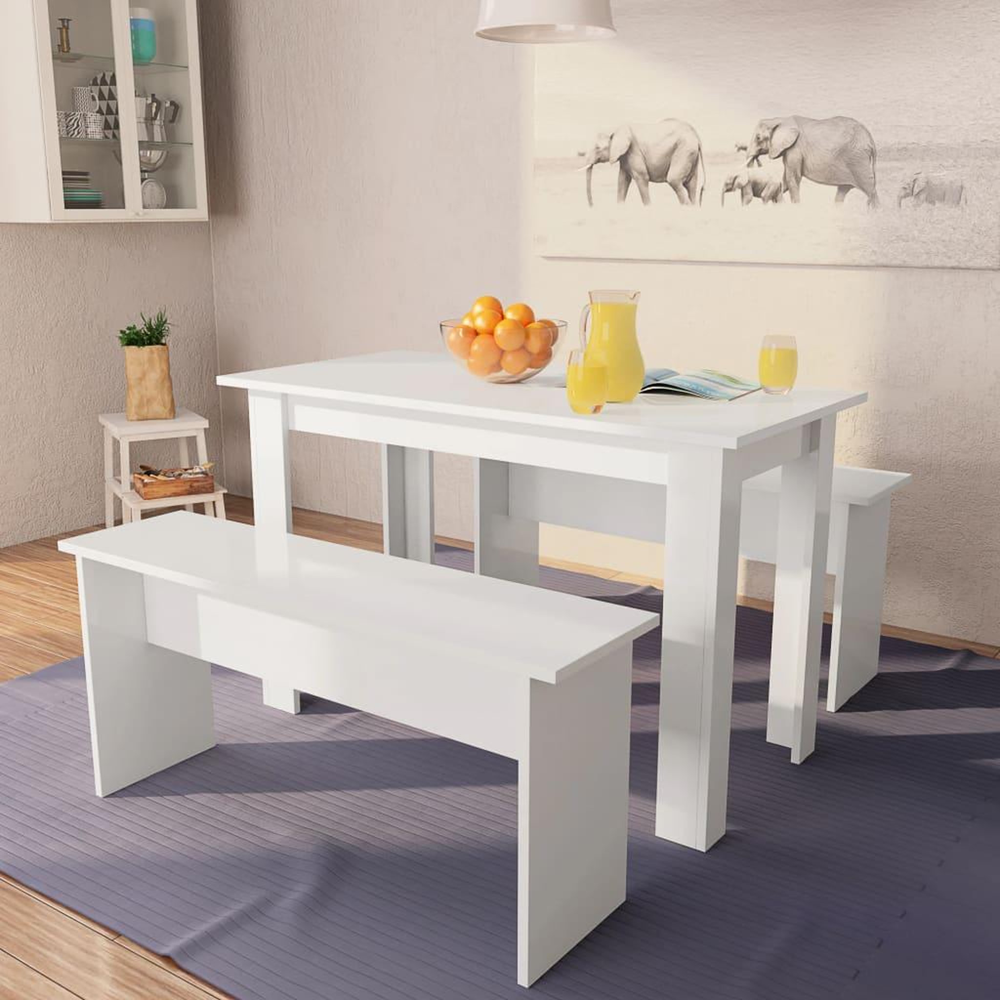 VIDAXL Table de salle a manger et bancs 3 pcs Bois d'ingenierie Blanc