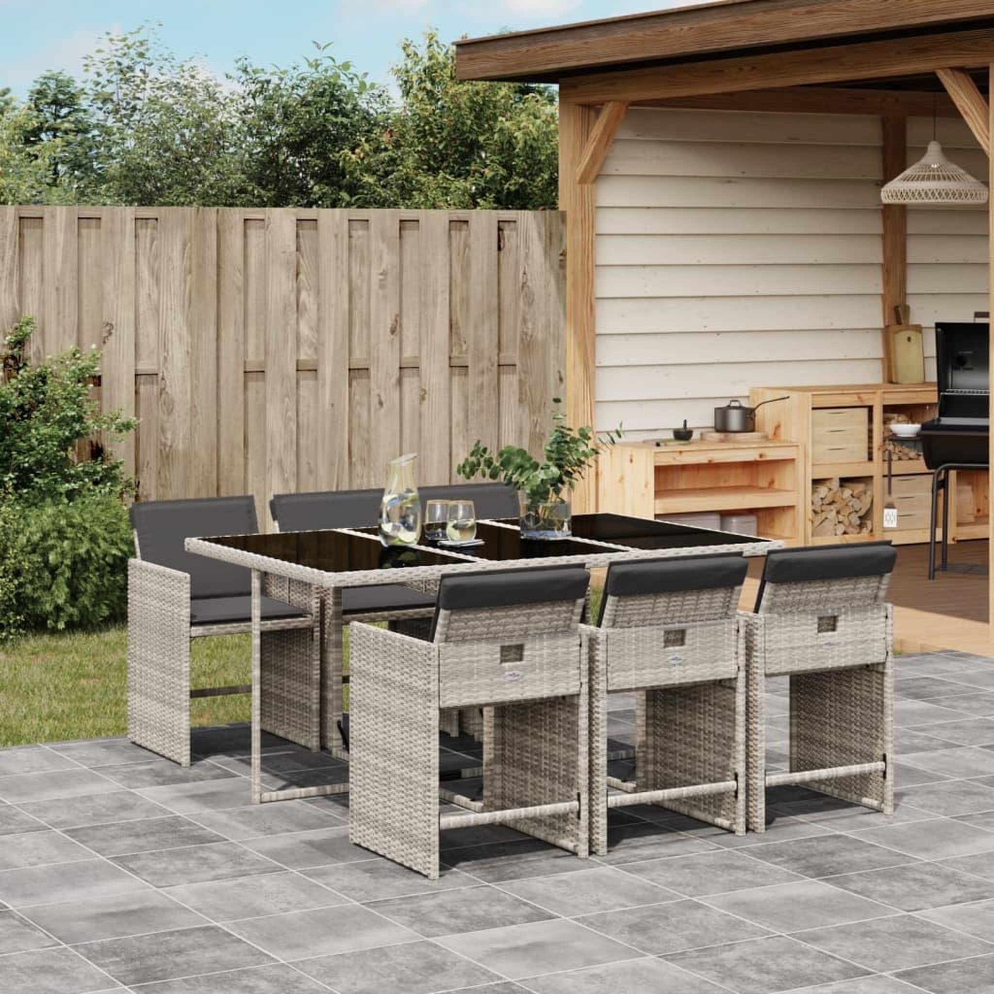 VIDAXL Ensemble a manger de jardin et coussins 7 pcs gris clair rotin