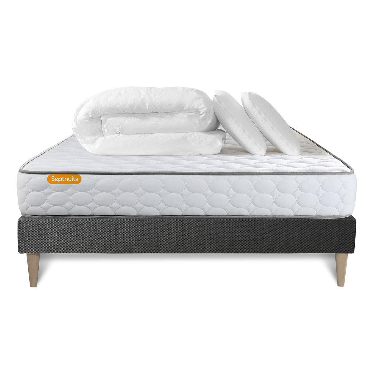 SEPTNUITS Pack matelas Memo + sommier kit gris + 2 oreillers mémoire de forme