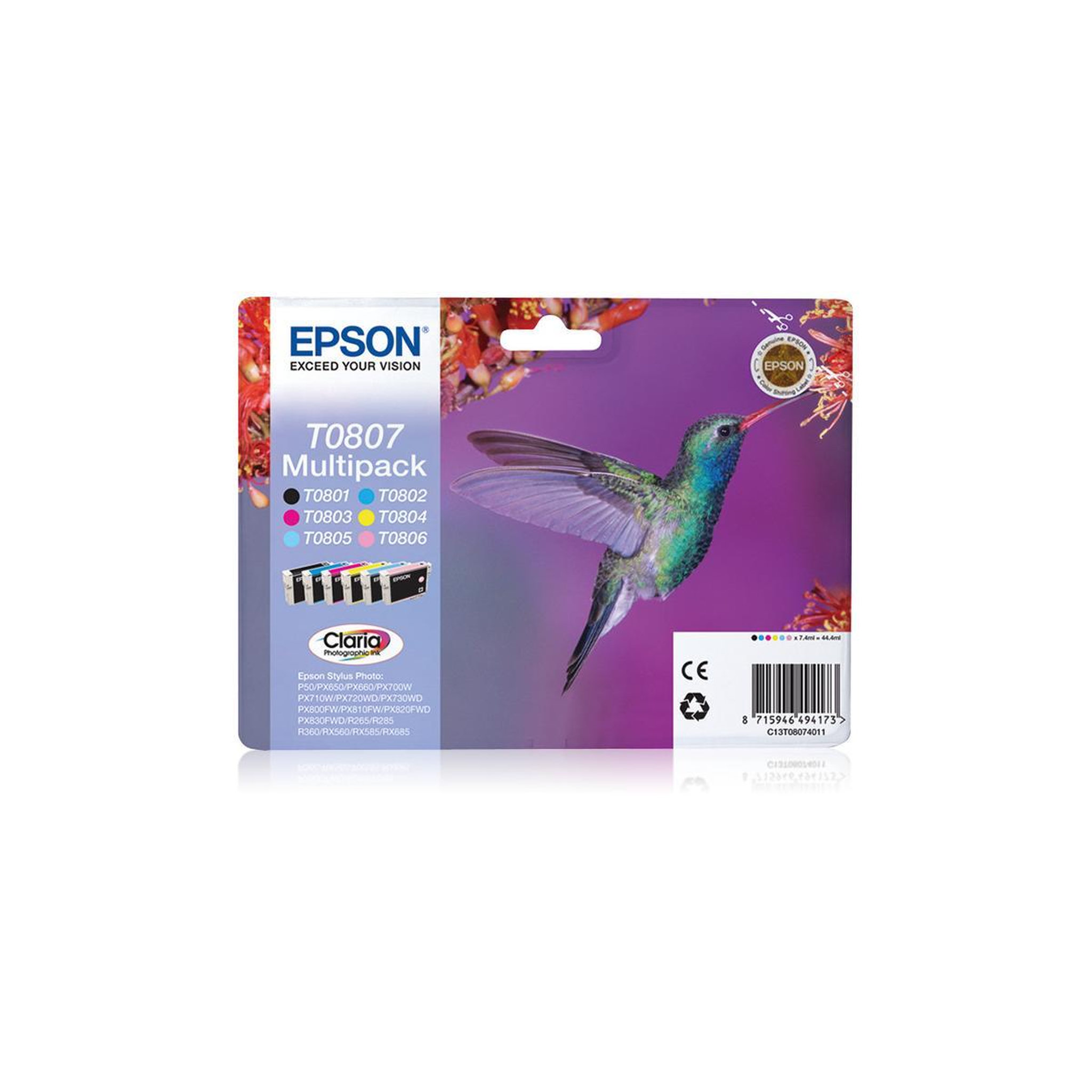 Voir la diapositive 2 : Epson Cartouche d'encre pack multipack 6 originales t0807 série colibri (noir + 5 couleurs) - c13t08074010