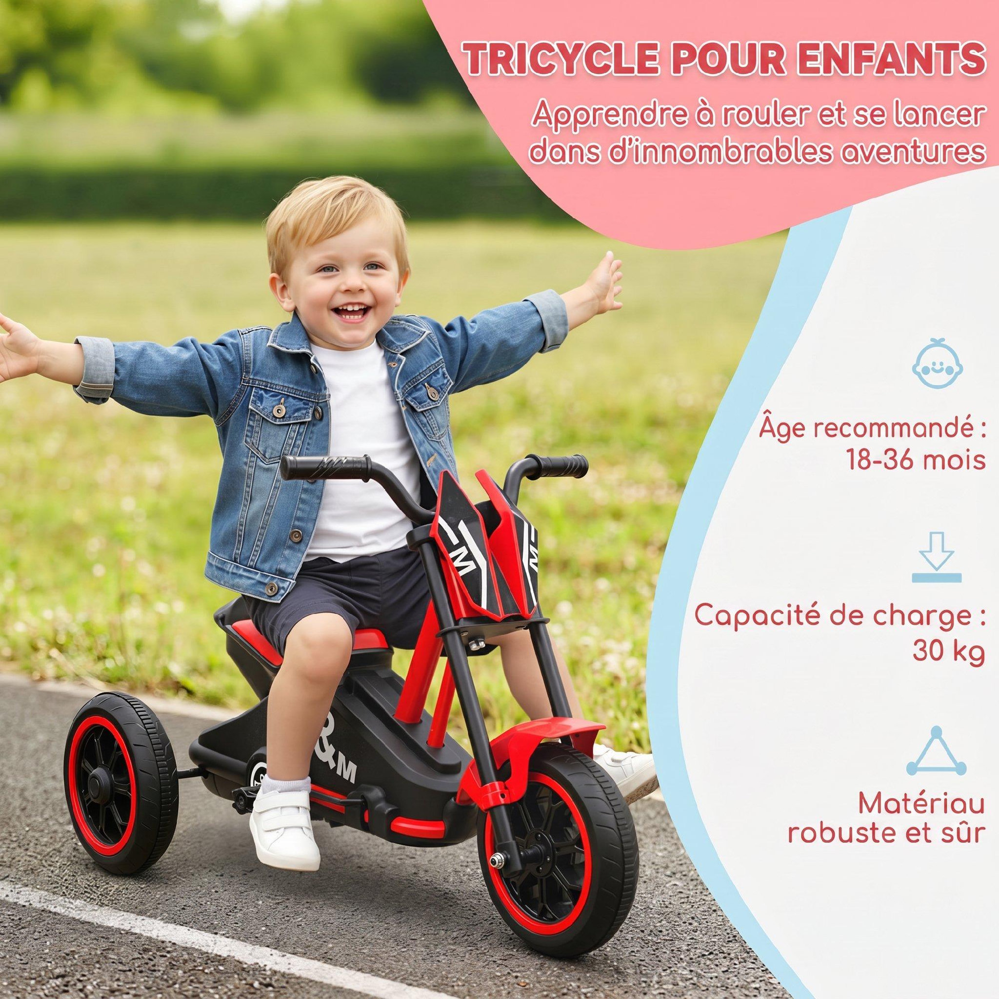Voir la diapositive 5 : HOMCOM Tricycle enfant moto roues dia. 21,5 cm rouge noir
