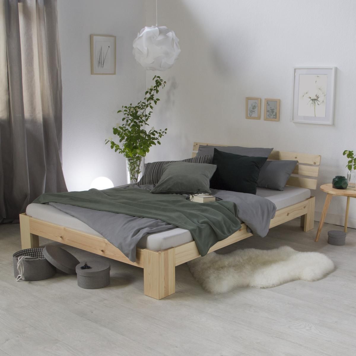 HomeStyle4U Lit double en bois Lit futon 120x200 cm pin naturel