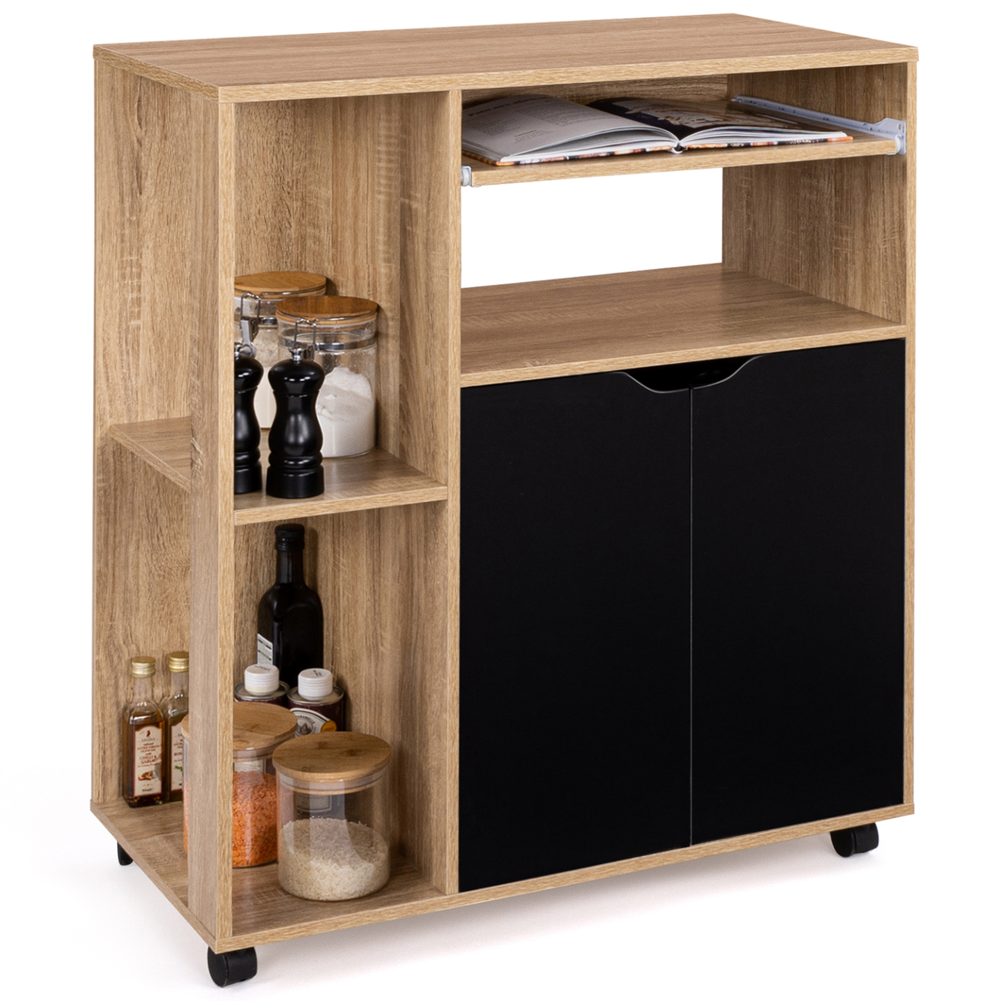 ID MARKET Desserte de cuisine cosi bois façon hêtre et portes noires l.76 cm