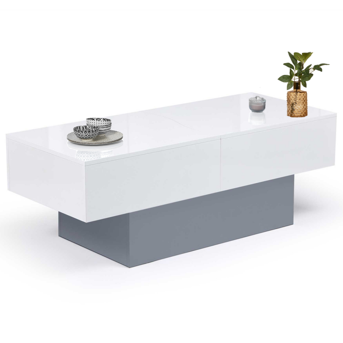 ID MARKET Table basse coulissante rectangulaire MARTA bois gris et plateau blanc