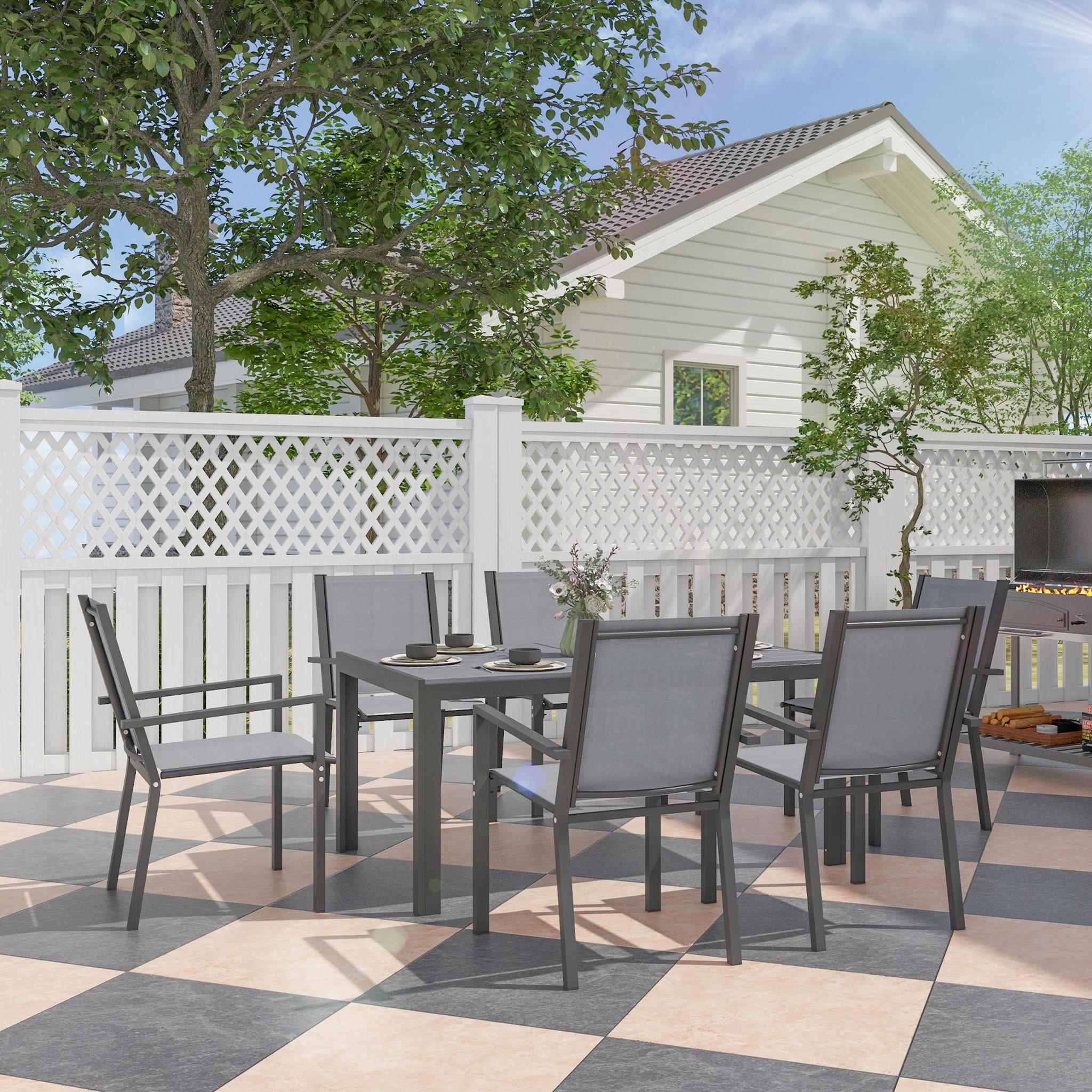 Voir la diapositive 2 : OUTSUNNY Ensemble salon de jardin repas - ensemble repas extérieur - 6 chaises empilables grande table effet bois - acier textilène gris