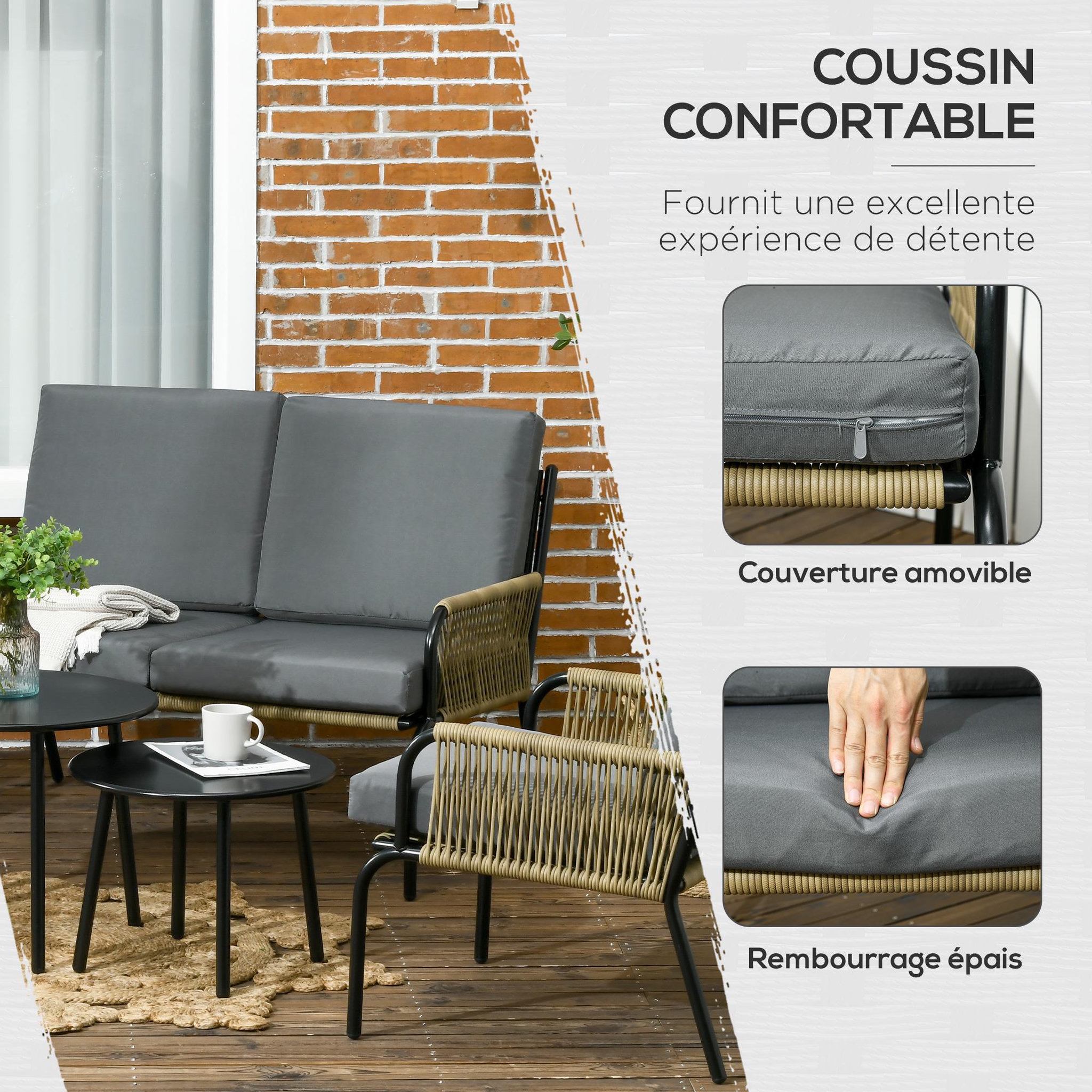 Voir la diapositive 4 : OUTSUNNY Salon de jardin en résine tressée modulable 4 pers. 5 pièces avec 1 canapé 2 fauteuils et 2 tables basses rondes acier sable