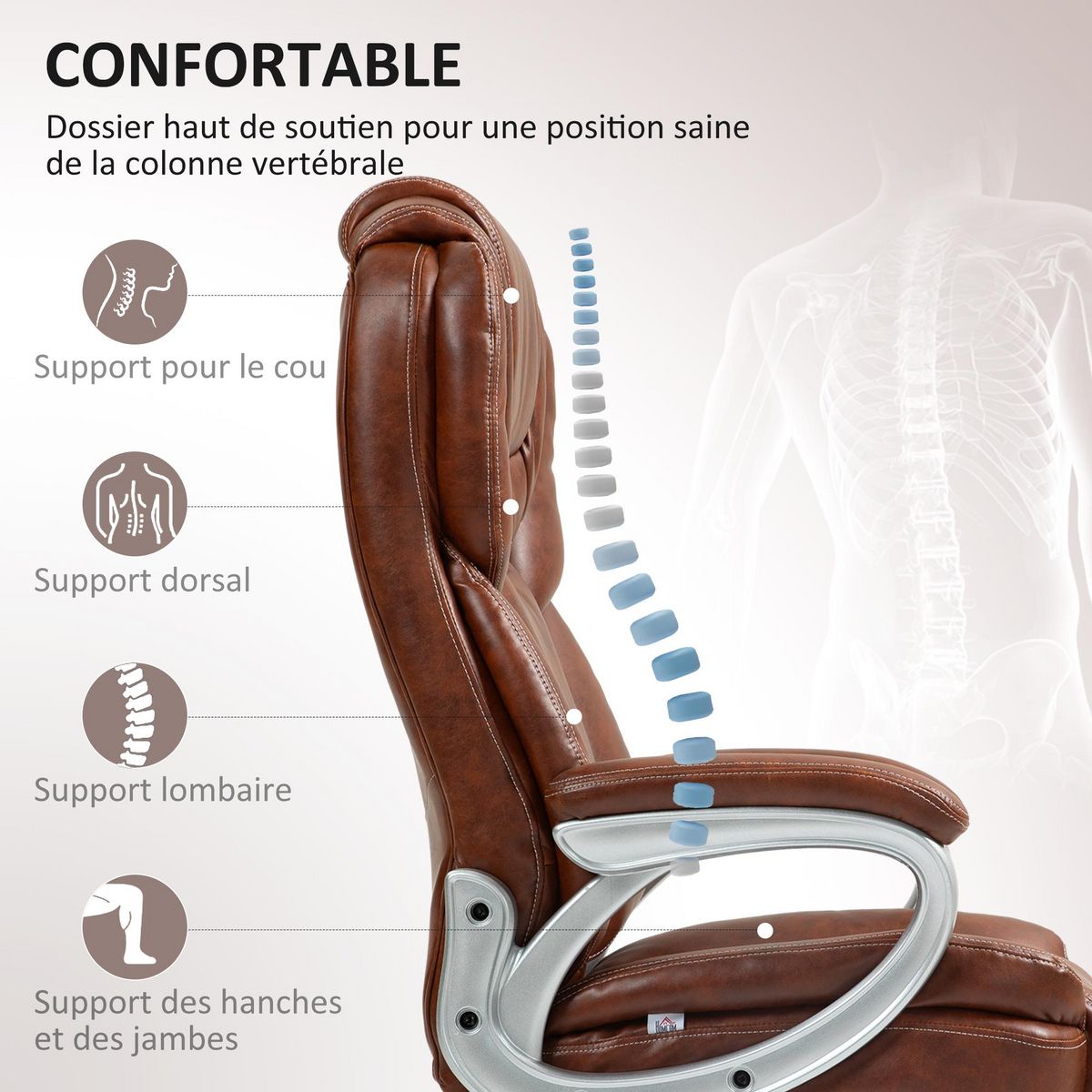HOMCOM Chaise de bureau direction réglable grand confort - fonction bascule verrouillable - synthétique marron effet vieilli