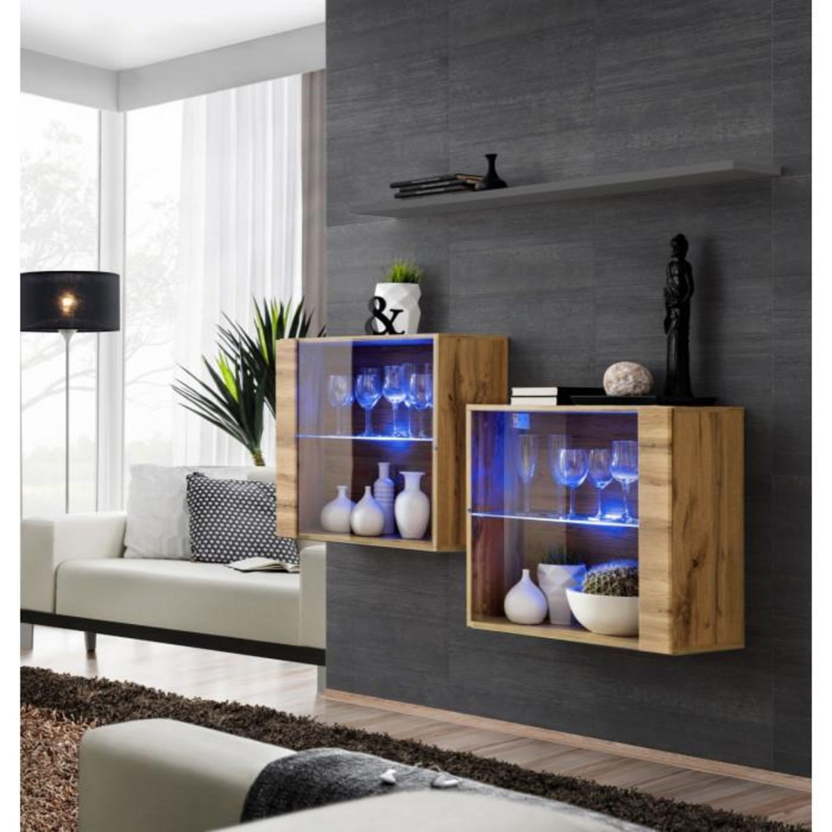 Paris Prix Lot de 2 Vitrines Murales & Étagère  Switch SBIII  130cm Naturel & Gris