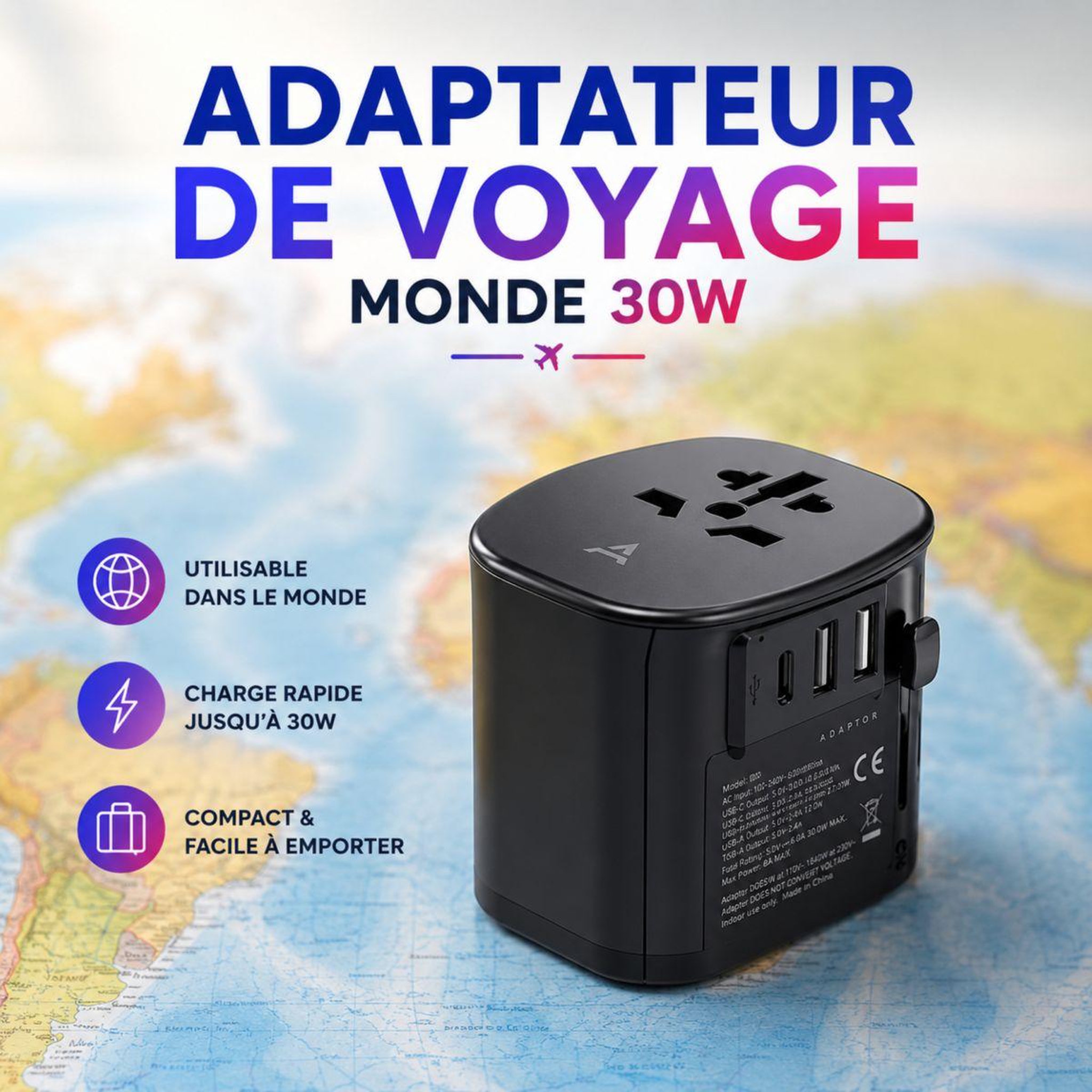 Voir la diapositive 2 : ADEQWAT Adaptateur de voyage monde 30w
