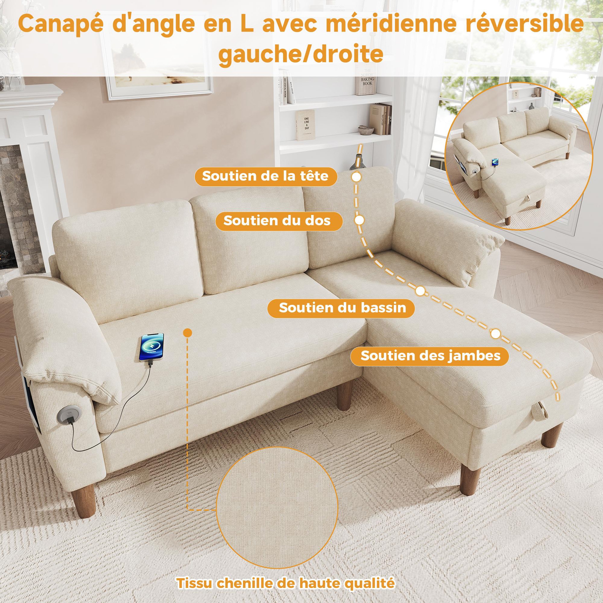Voir la diapositive 6 : MERAX Canapé d'angle 3 places avec méridienne coffre tissu chenille usb type-c